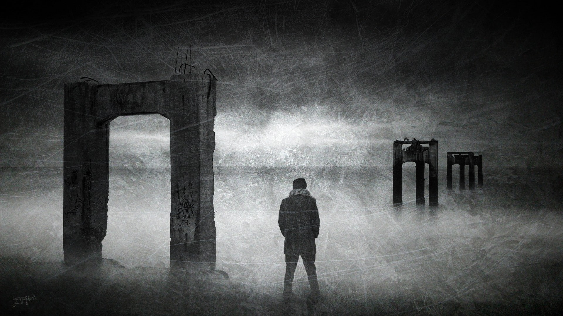 1080P, silhouette, light at the end of the tunnel, men, textured effect, rear view, standing, indoors, spooky, adult, built structure, religion, fog, tunnel, HD Wallpaper
