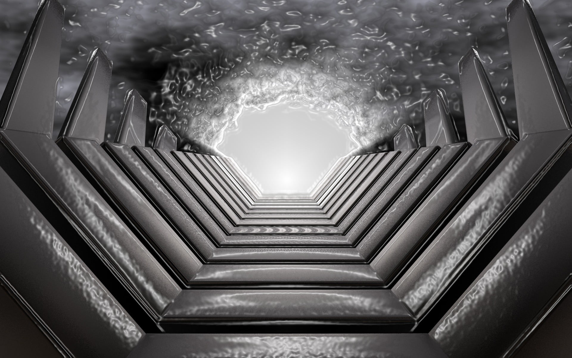 indoors, no people, modern, building, ceiling, directly below, spiral, gray, illuminated, diminishing perspective, built structure, shape, CGI, steps and staircases, HD Wallpaper