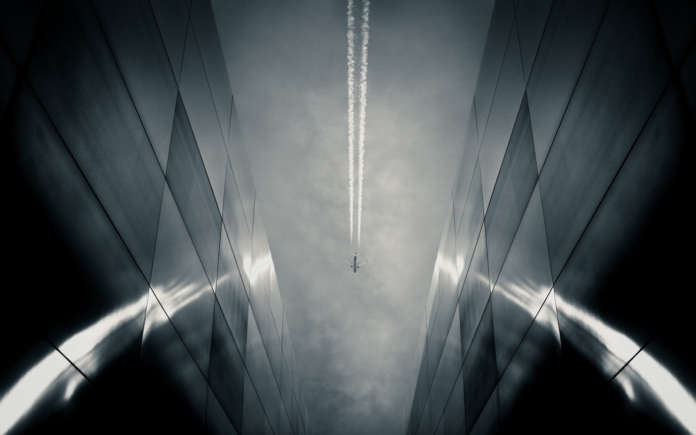 monochrome, 720P, photo, mystery, abstract, low angle view, dark, night, symmetry, absence, landscape, airplane, transportation, grayscale, city, fighter, HD Wallpaper