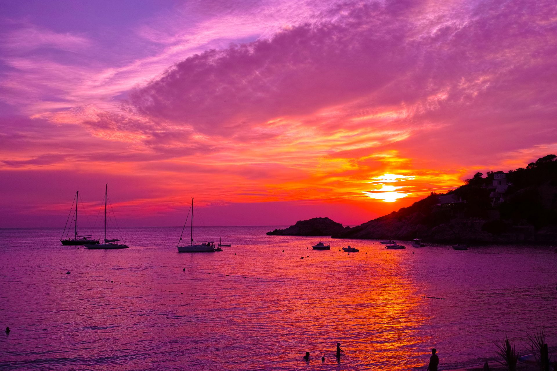 Ibiza, Sky, Orange, Spain, Photography, 1080P, Ocean, Boat, Purple, Sunset, HD Wallpaper