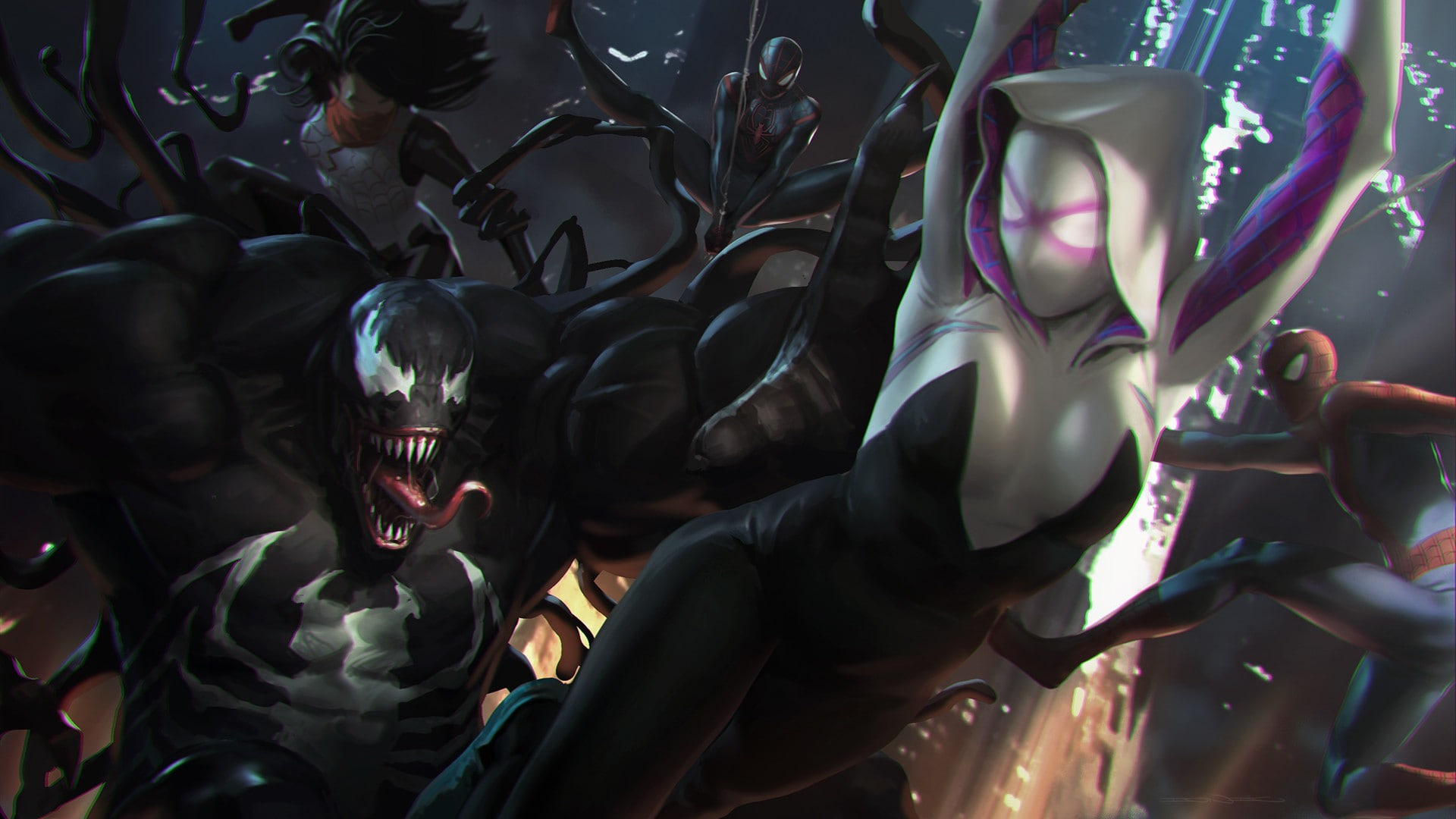 spider, Miles Morales, Spider Gwen, Silk (Marvel character), 1080P, man, venom, fantasy Art, Marvel Comics, Peter Parker, HD Wallpaper