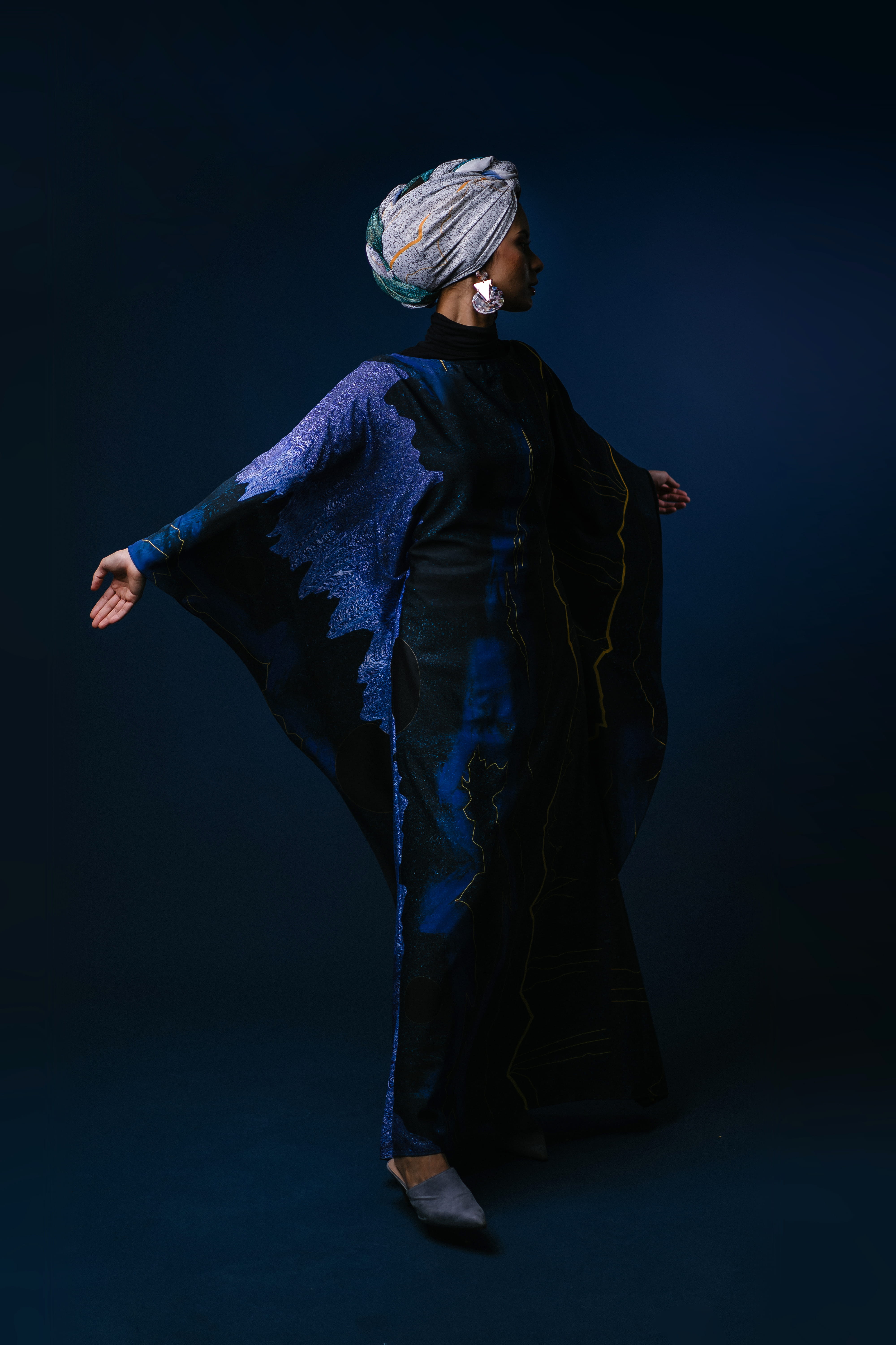 person, blue background, wear, woman, women, full length, model, colored background, turban, young adult, standing, style, looking, casual clothing, cut out, Phone HD Wallpaper