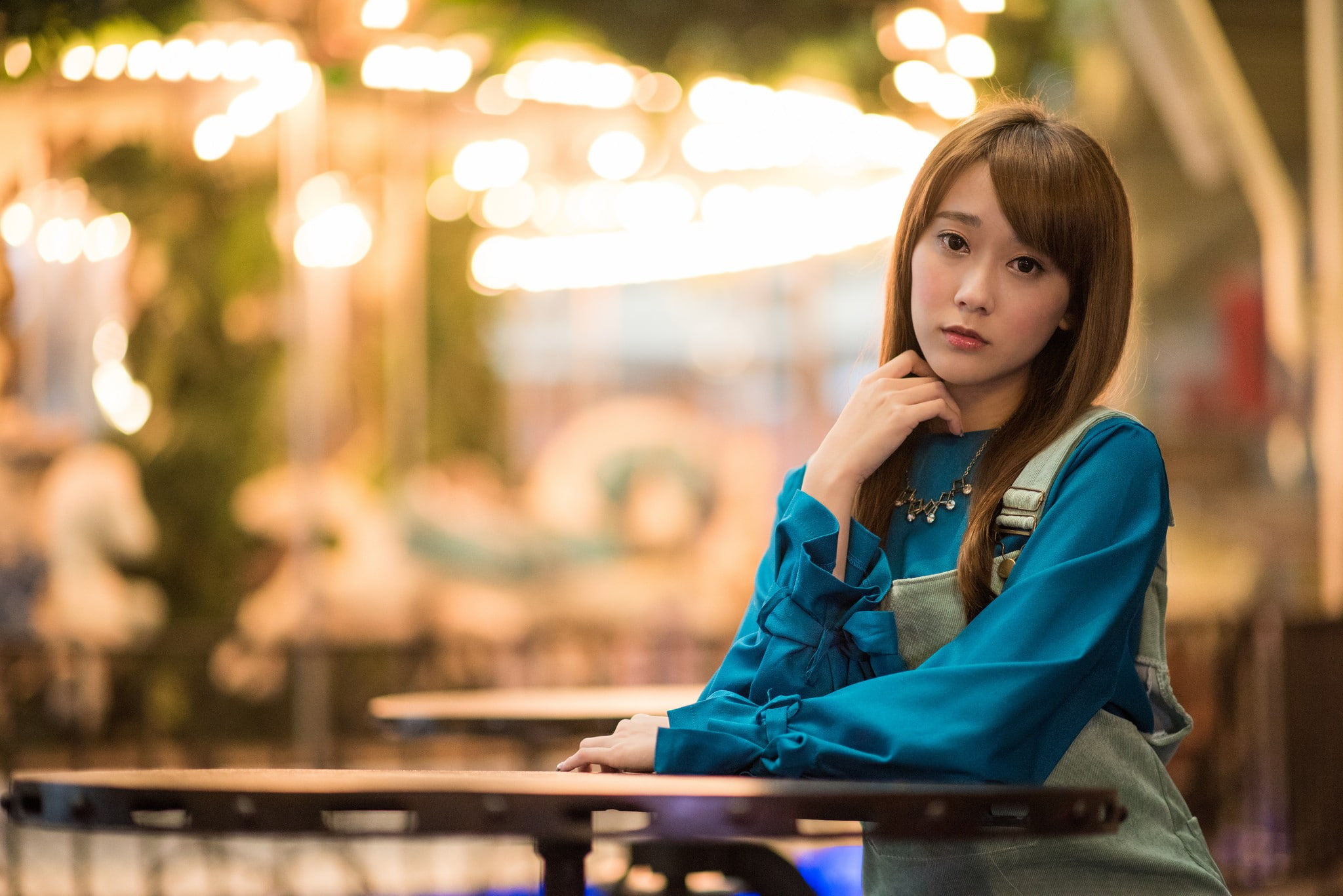 long hair, brunette, women, 1080P, portrait, overalls, Asian, thinking, sitting, blue shirt, HD Wallpaper