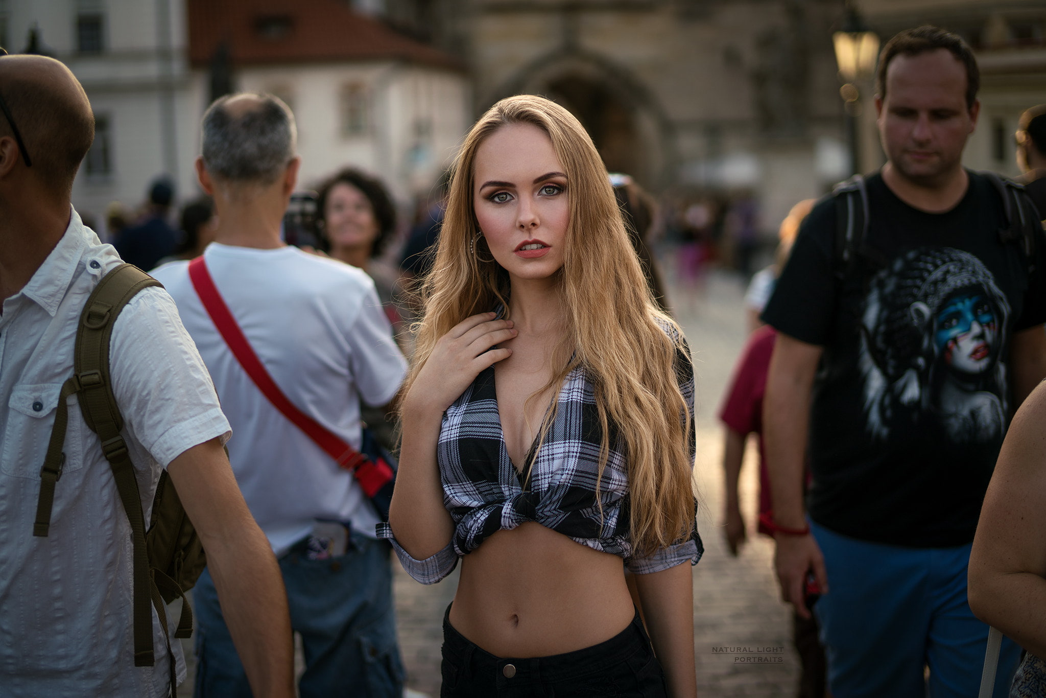 shirt, depth of field, women, belly, portrait, 1080P, blonde, HD Wallpaper