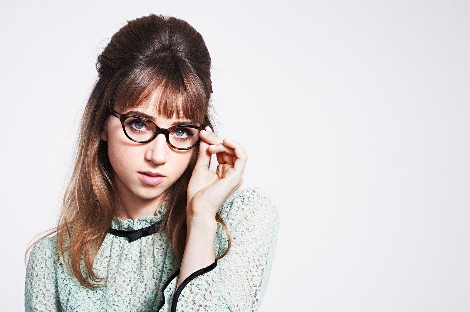 young women, eyeglasses, looking at camera, headshot, copy space, adult, hairstyle, glasses, intelligence, hair, brown hair, women, actress, bangs, white background, HD Wallpaper