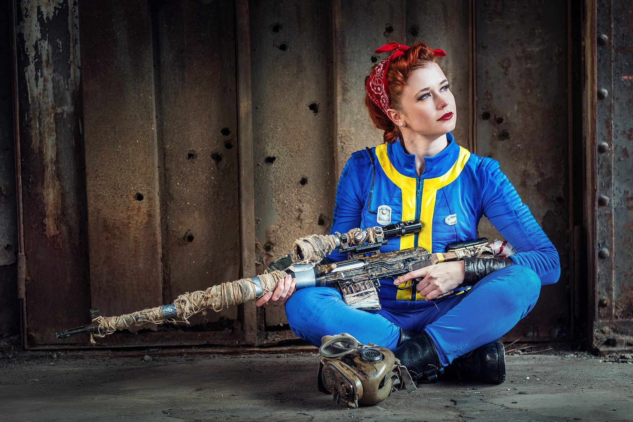 blue eyes, women, Fallout, red lipstick, cosplay, sniper rifle, video games, Fallout 4, 1080P, rifles, redhead, HD Wallpaper