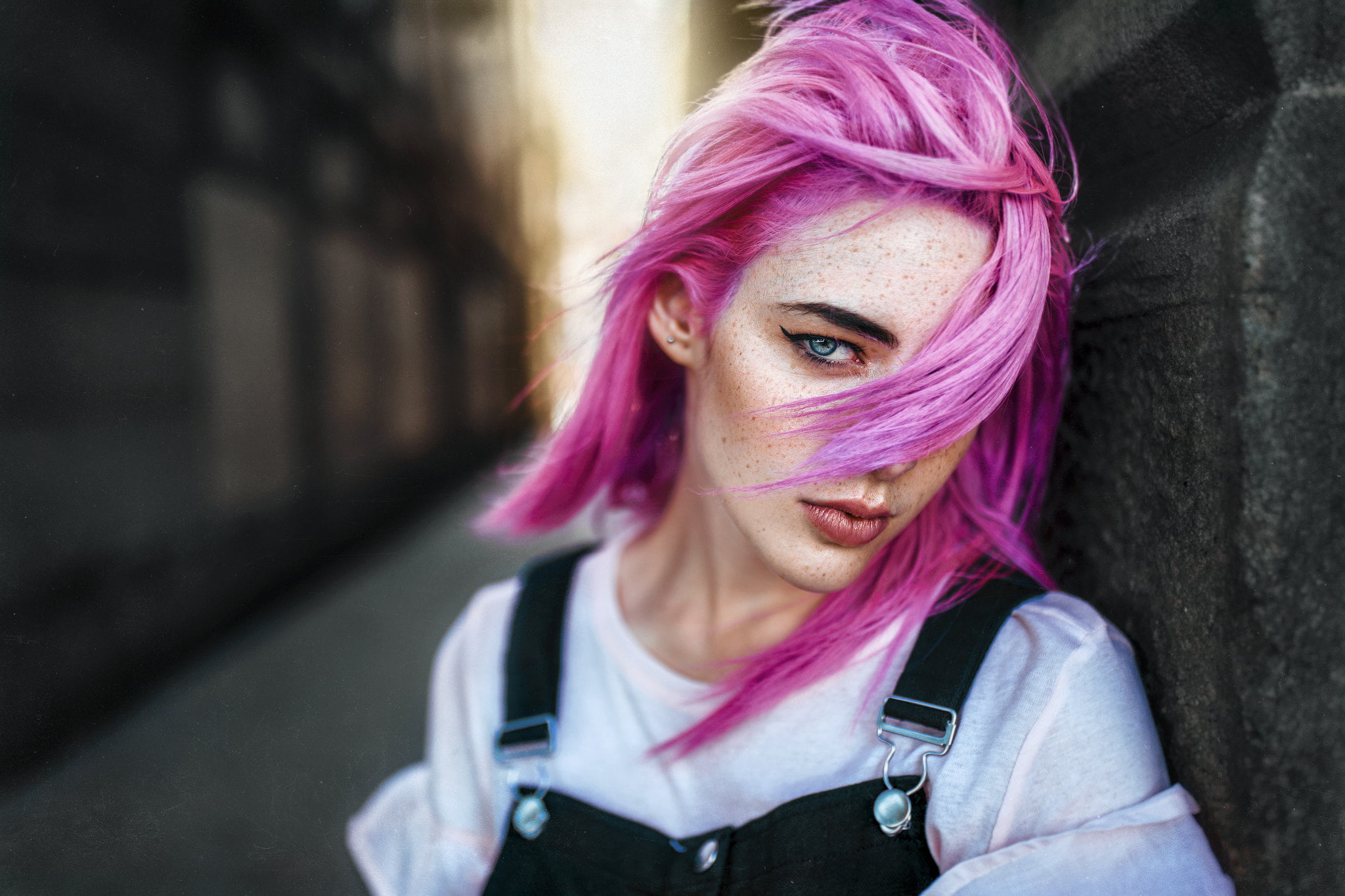 real people, hairstyle, portrait, freckles, pink hair, looking at camera, pierced, beautiful woman, face, pink color, alley, young women, dyed hair, young adult, HD Wallpaper