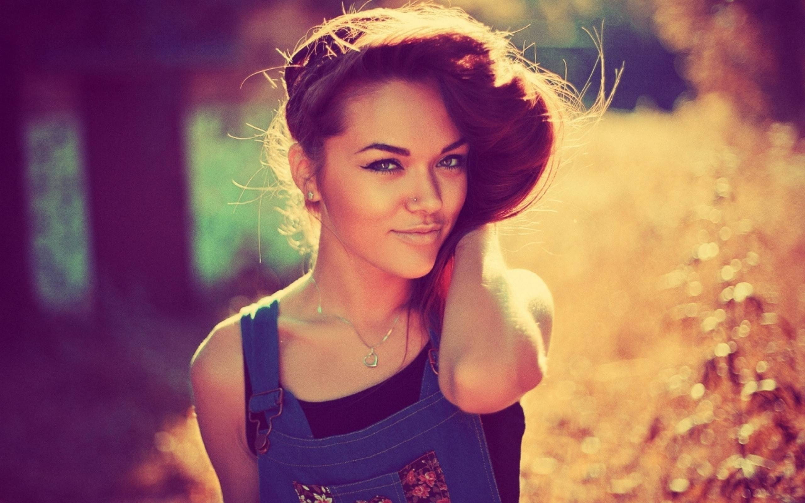 brunette, women, women outdoors, pierced nose, portrait, overalls, looking at viewer, 2K, Natali Danish, HD Wallpaper