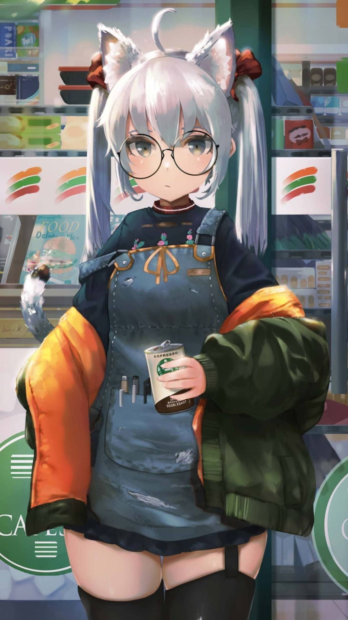glasses, anime, neko ears, portrait display, jacket, 1080P, long hair, anime girls, ponytail, stockings, animal ears, overalls, vertical, shop, Phone HD Wallpaper