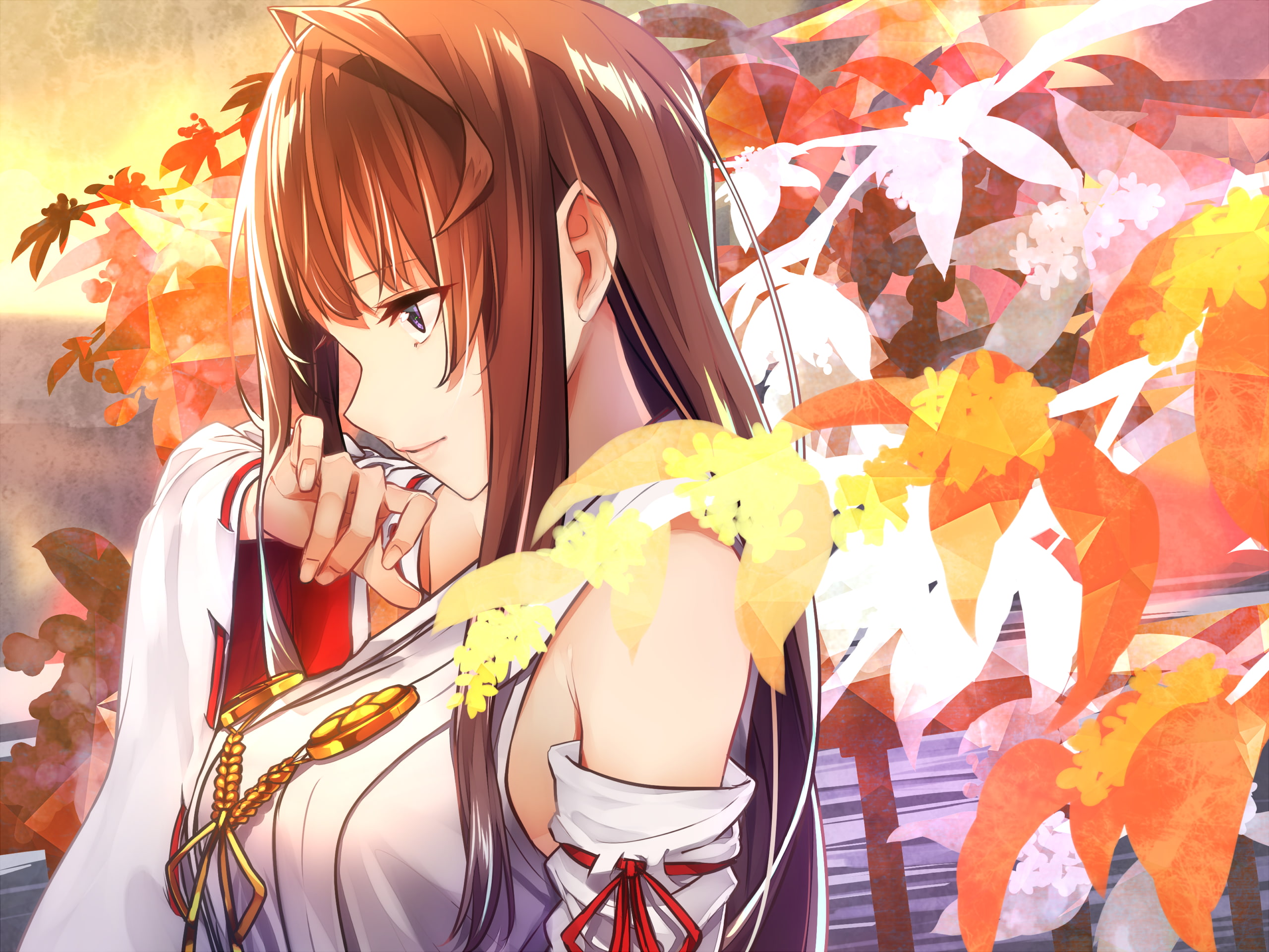 anime girls, anime, Japanese clothes, Kongou (KanColle), 2K, brunette, long hair, Kantai Collection, HD Wallpaper