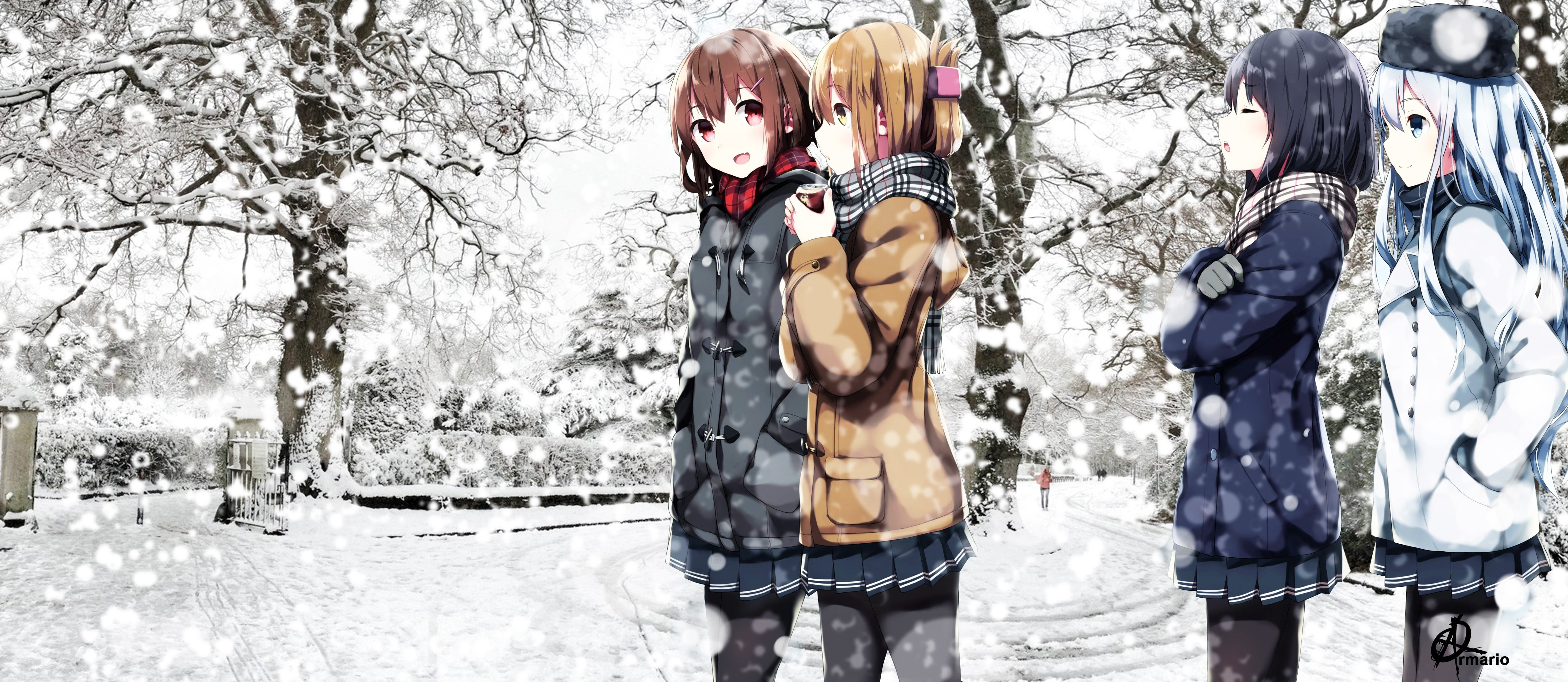 Ikazuchi (KanColle), warm clothing, outdoors, obscured face, white, tree, domestic, women, clothing, winter, anime girls, cold temperature, nature, Akatsuki (KanColle), HD Wallpaper