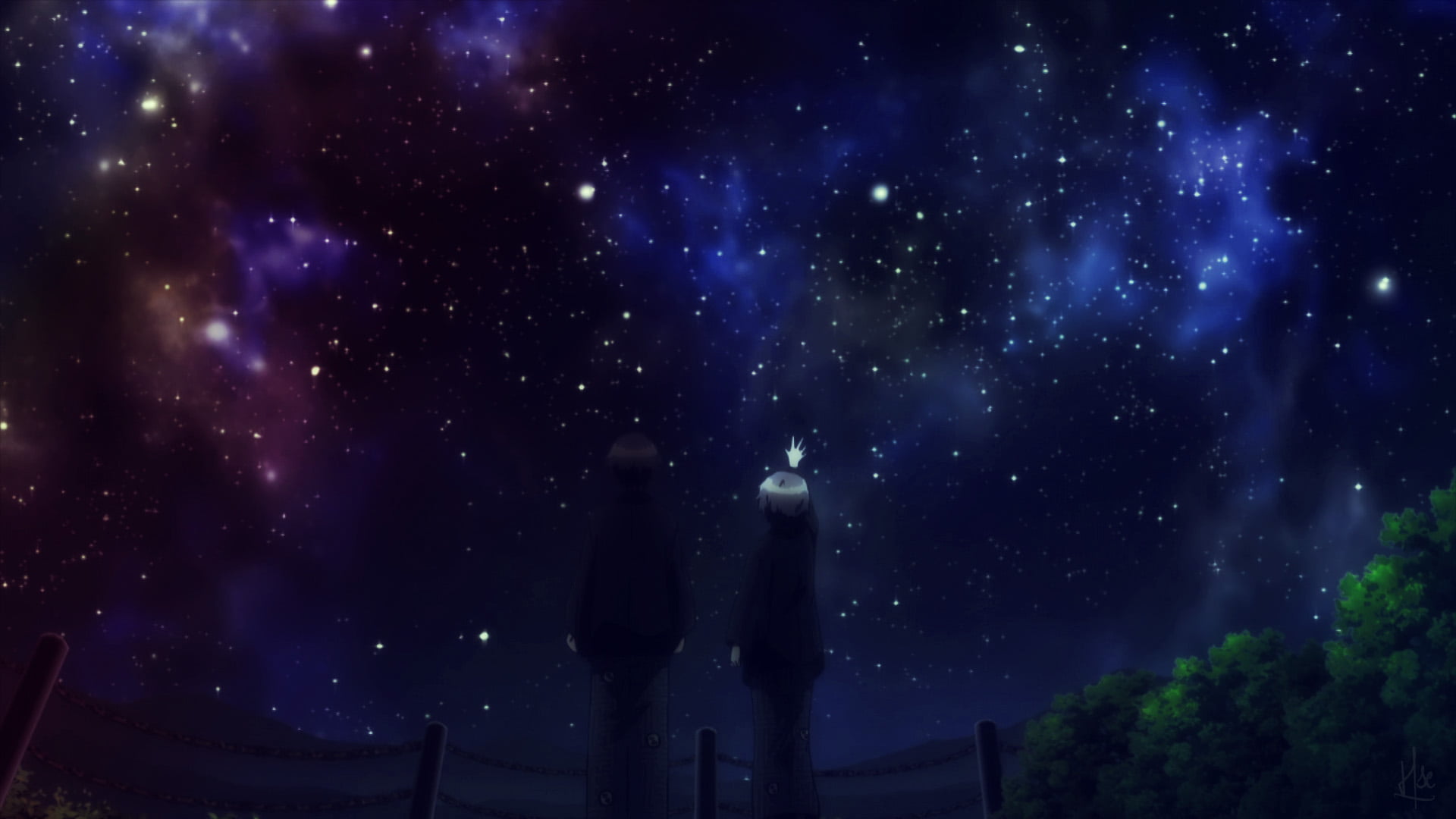 1080P, night, anime, architecture, two, astronomy, star field, space, no people, illuminated, The Melancholy of Haruhi Suzumiya, female, milky way, outdoors, HD Wallpaper