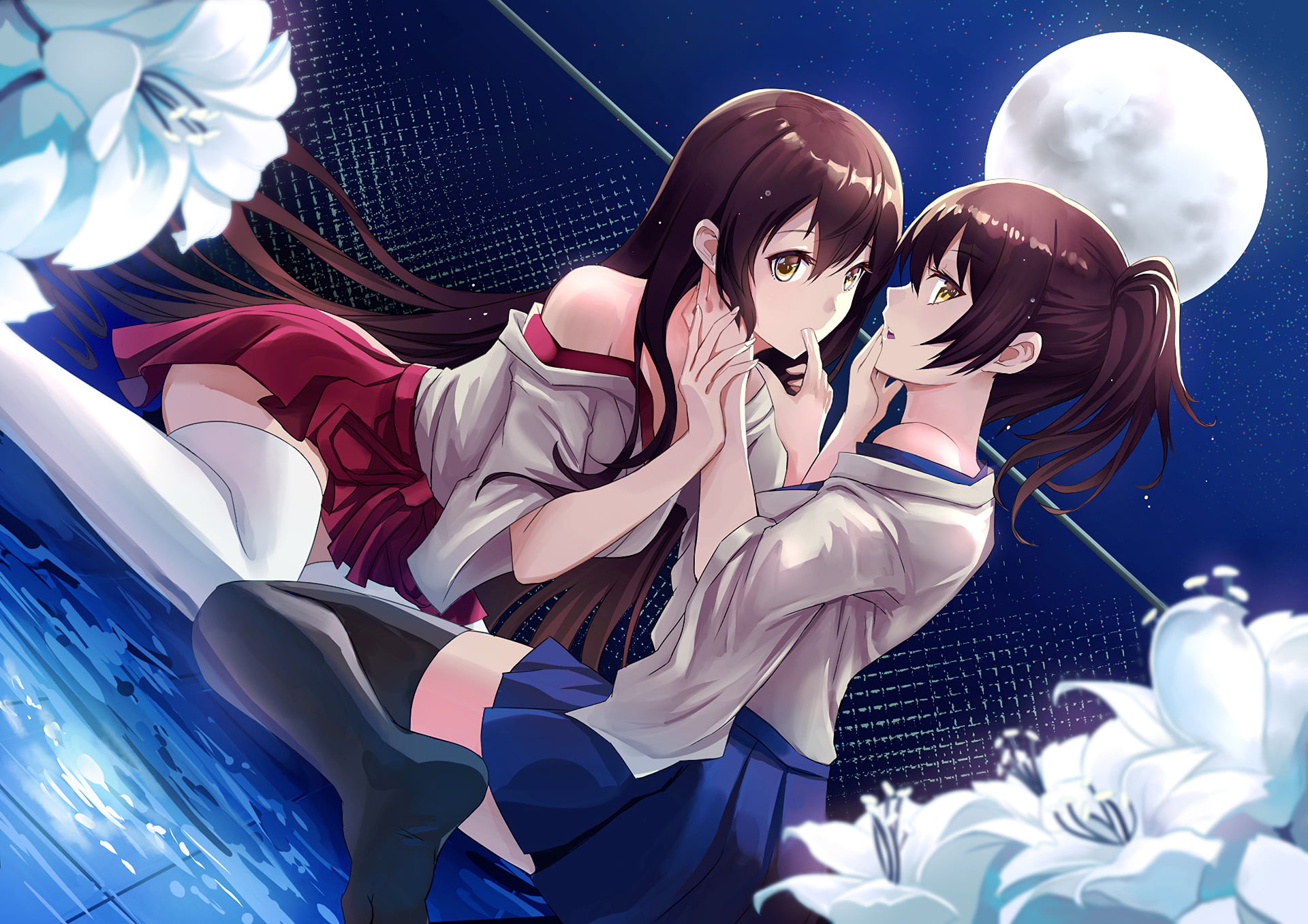 casual clothing, women, looking at camera, lifestyles, togetherness, Flower, Anime, blue, positive emotion, Skirt, three quarter length, 1080P, young adult, HD Wallpaper