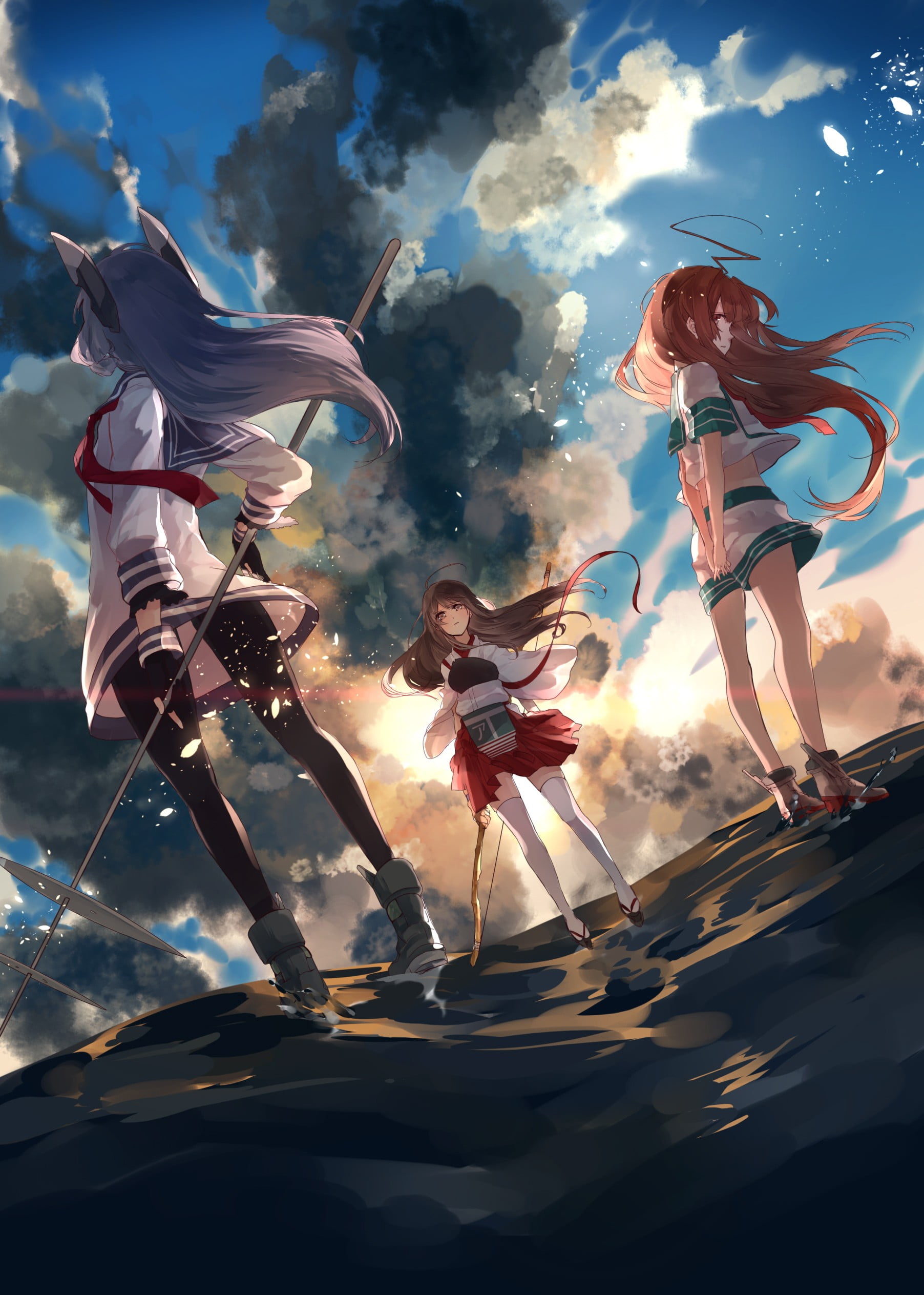anime, anime girls, freedom, outdoors, adult, motion, cloud - sky, sky, low angle view, men, Kuma (KanColle), water, sport, sea, digital composite, Kantai Collection, Phone HD Wallpaper