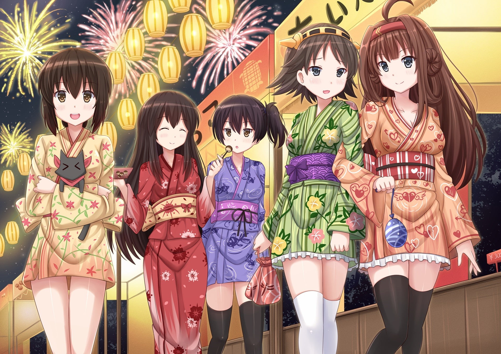 akagi, anime, girls, fubuki, characters, hiei, 1080P, anime girls, 1920x1358, loli, kancolle, kongou, yukata, kaga, HD Wallpaper