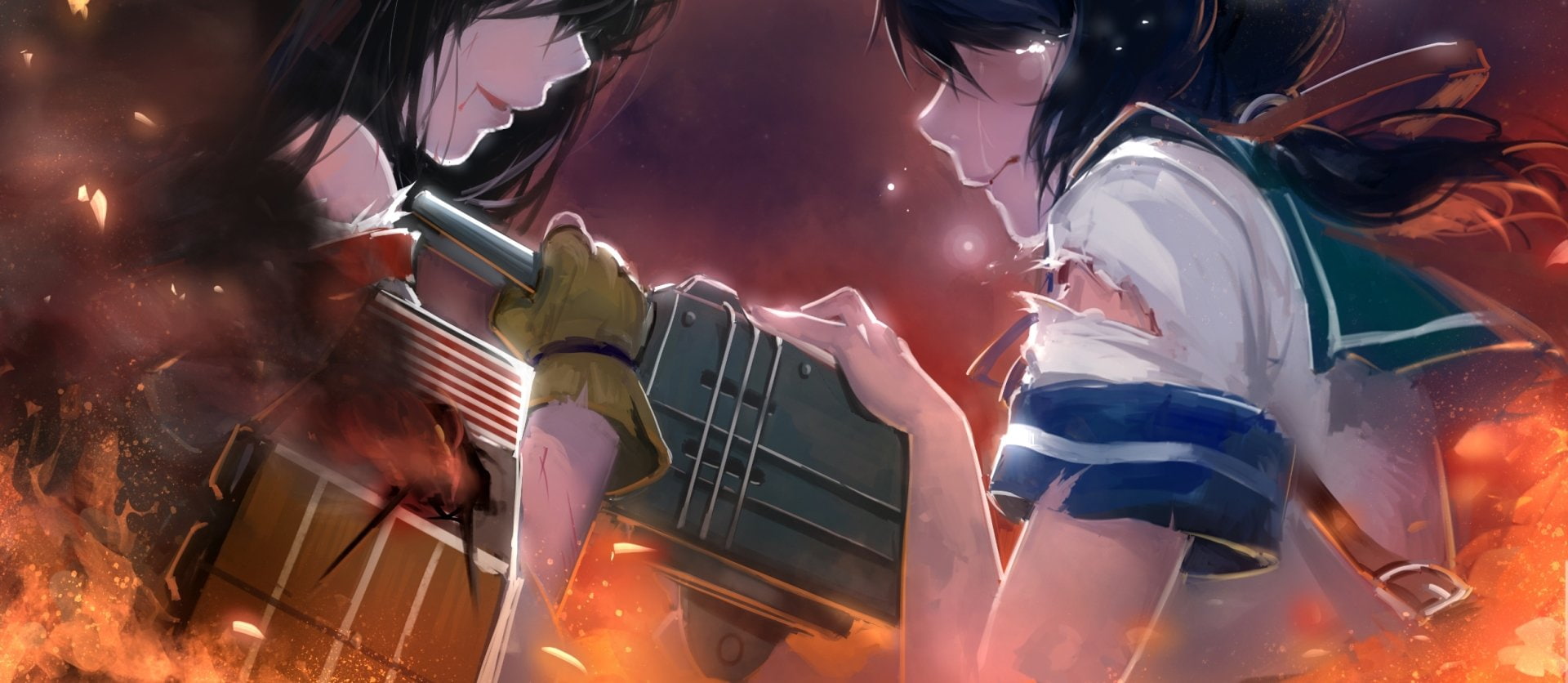 1080P, Fire, Anime, Fubuki (Kancolle), Akagi (Kancolle), Crying, Kantai Collection, HD Wallpaper
