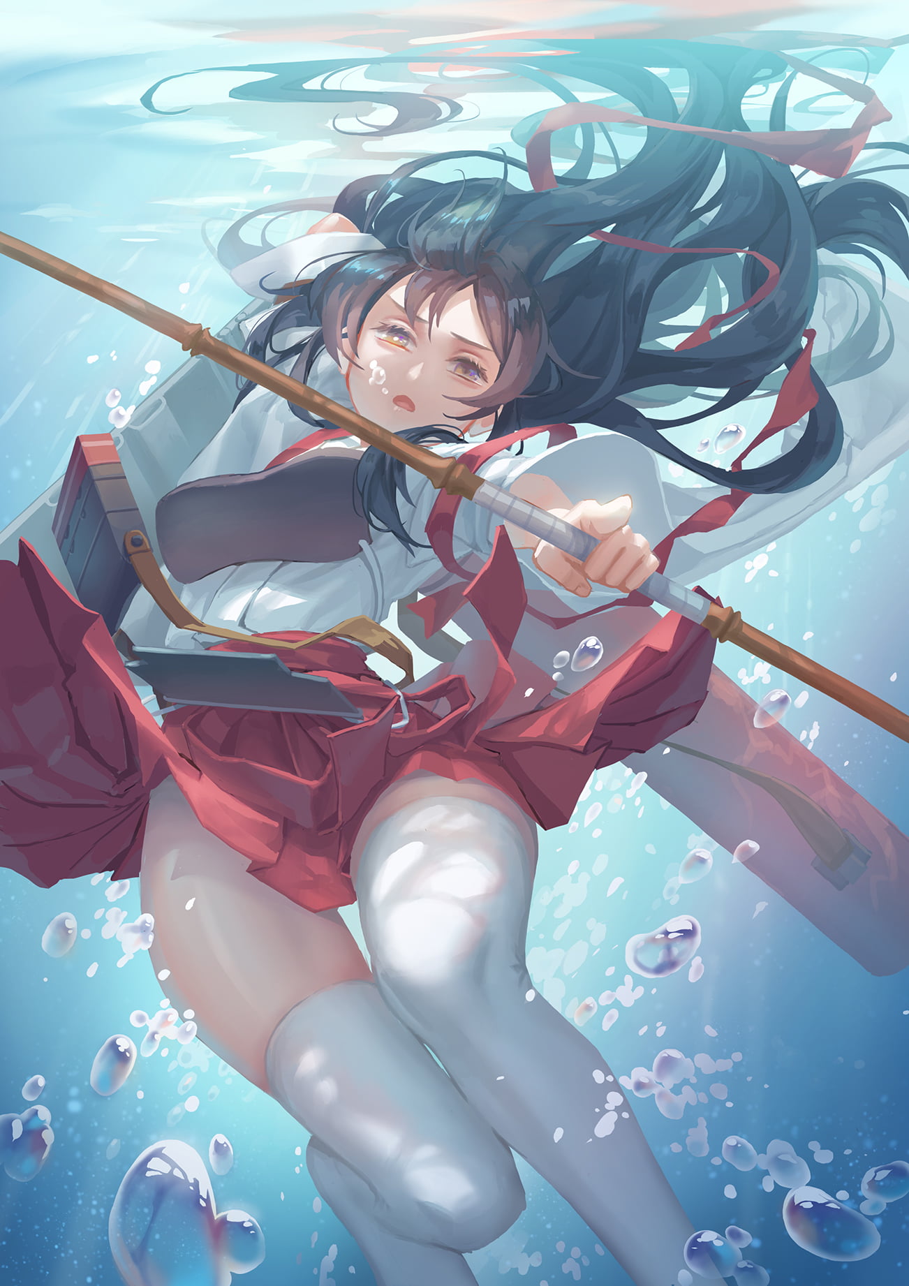 archer, underwater, miko, looking at viewer, long hair, anime, Kantai Collection, bubbles, Akagi (KanColle), digital art, vertical, thigh-highs, anime girls, Phone HD Wallpaper
