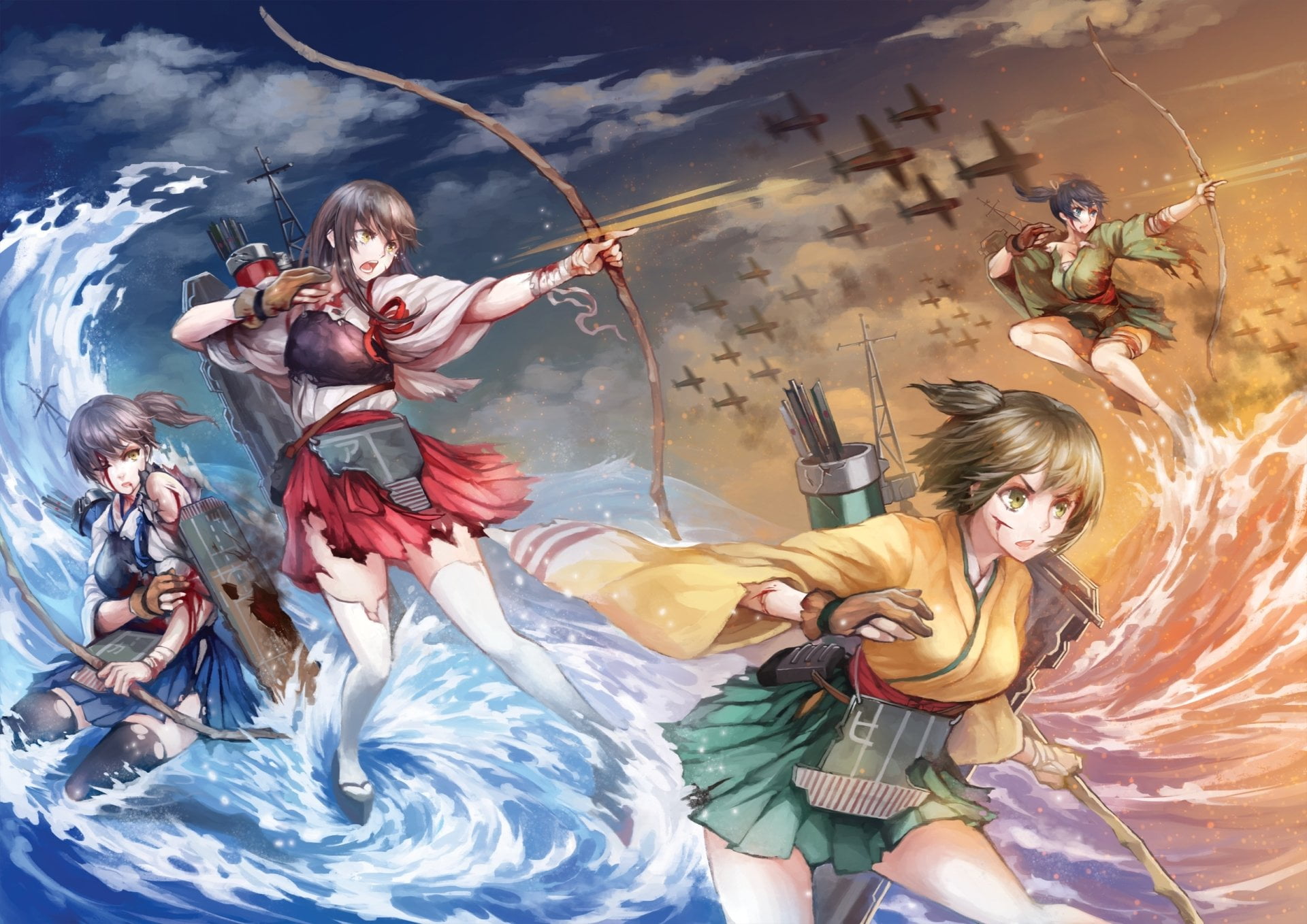 Blood, costume, Girl, females, sky, group of people, arts culture and entertainment, full length, Thigh Highs, nature, 1080P, Kaga (Kancolle), Water, women, HD Wallpaper