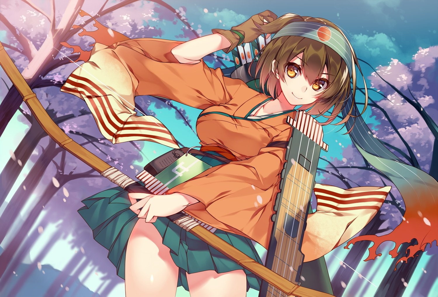 kantai, hair, (kancolle), clothes, bow, eyes, brown, short, hiryuu, 720P, collection, cherry, tree, japanese, gloves, skirt, headband, blossoms, kuragari, HD Wallpaper