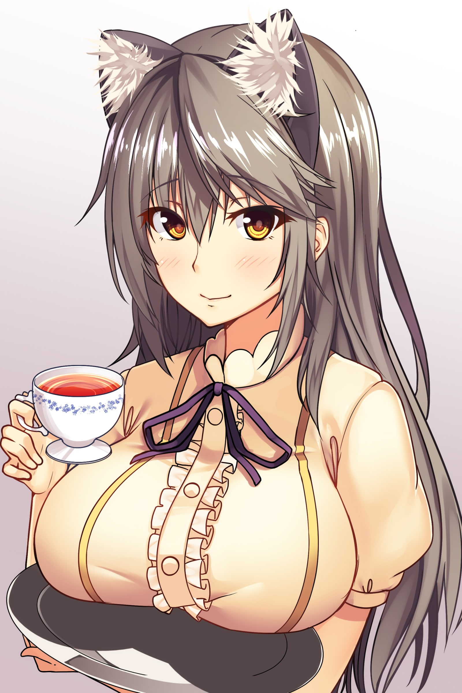 nekomimi, Haruna (KanColle), yellow eyes, maid, long hair, Kantai Collection, 1080P, tea, anime, animal ears, anime girls, gray hair, Phone HD Wallpaper