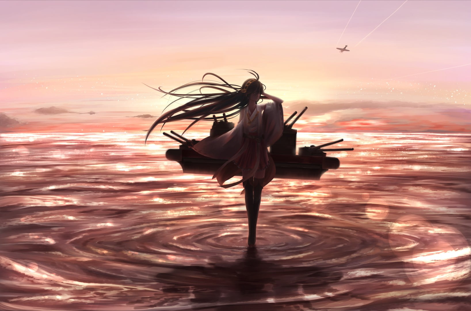 long hair, thigh-highs, horizon over water, sea, sunset, sky, scenics - nature, motion, waterfront, cloud - sky, Haruna (KanColle), horizon, nature, transportation, HD Wallpaper