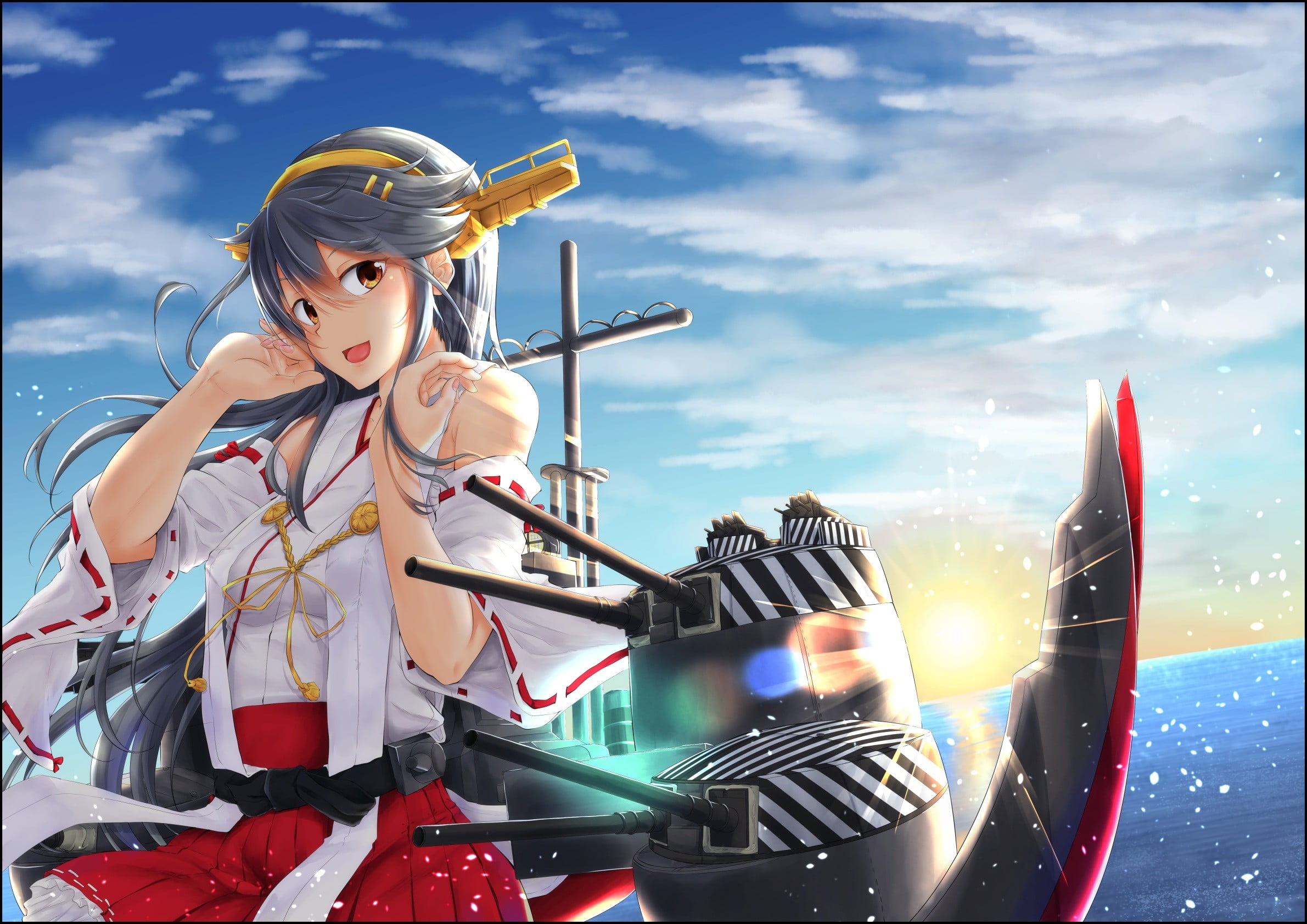 Haruna (KanColle), young women, three quarter length, nature, anime, gray hair, leisure activity, clouds, Japanese clothes, sunlight, arts culture and entertainment, HD Wallpaper