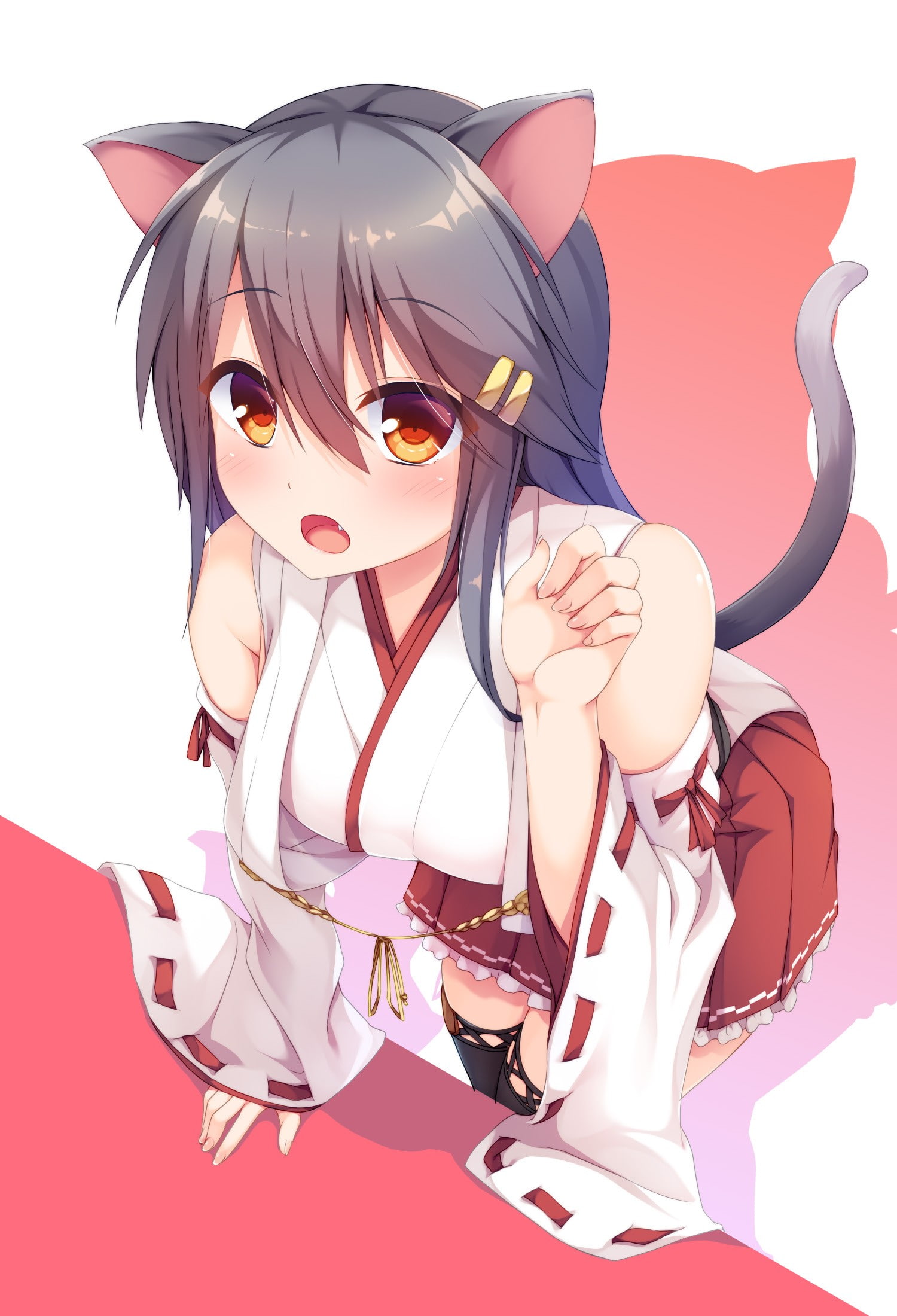 nekomimi, thigh-highs, Kantai Collection, tail, miko, Haruna (KanColle), animal ears, 1080P, Phone HD Wallpaper