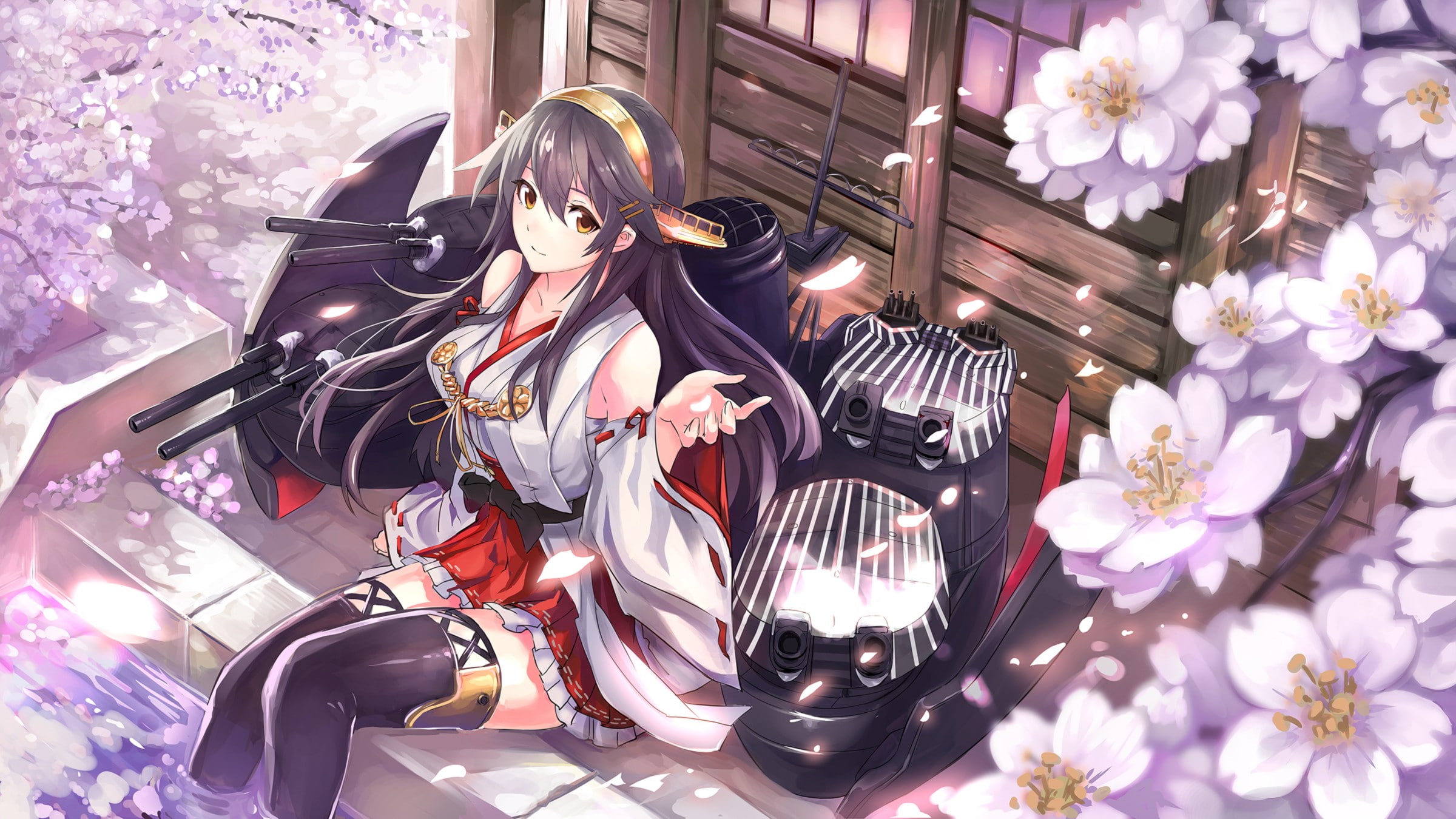 miko, Kantai Collection, long hair, Japanese clothes, anime, cherry blossom, thigh-highs, black hair, anime girls, 1080P, Haruna (KanColle), HD Wallpaper