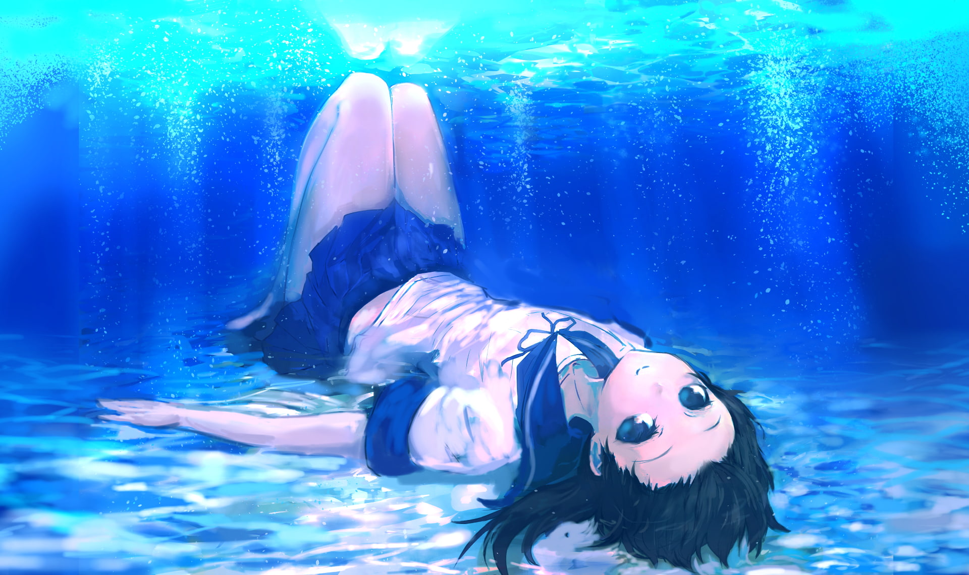 day, kancolle, school uniform, animals in the wild, real people, blue, fish, sea, vertebrate, nature, lifestyles, 1080P, water, leisure activity, marine, HD Wallpaper