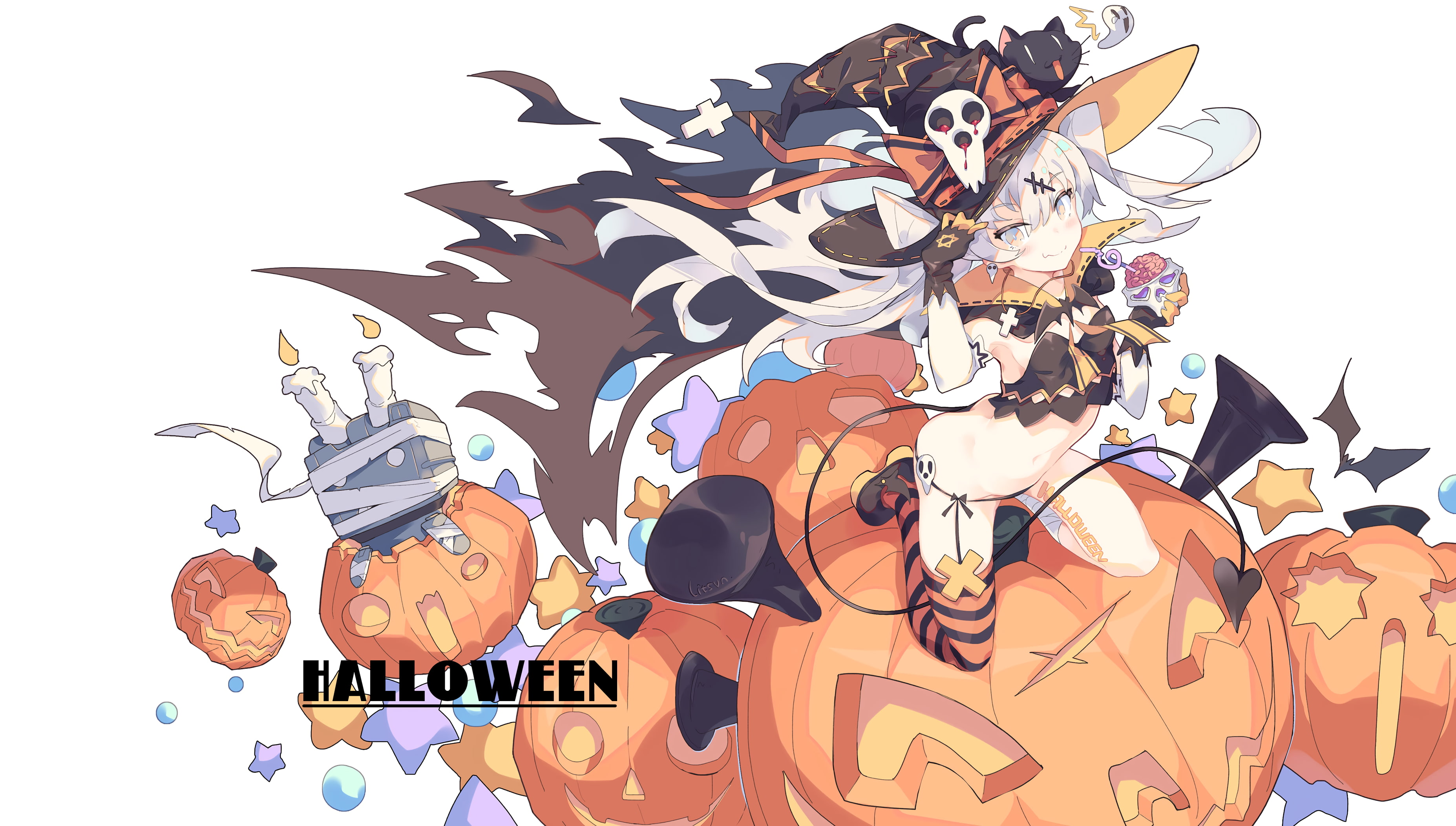 Kantai Collection, Amatsukaze (Kancolle), pumpkin, Rensouhou-chan, hat, white hair, thigh-highs, 2K, Halloween, long hair, cat, anthropomorphism, litsvn, HD Wallpaper