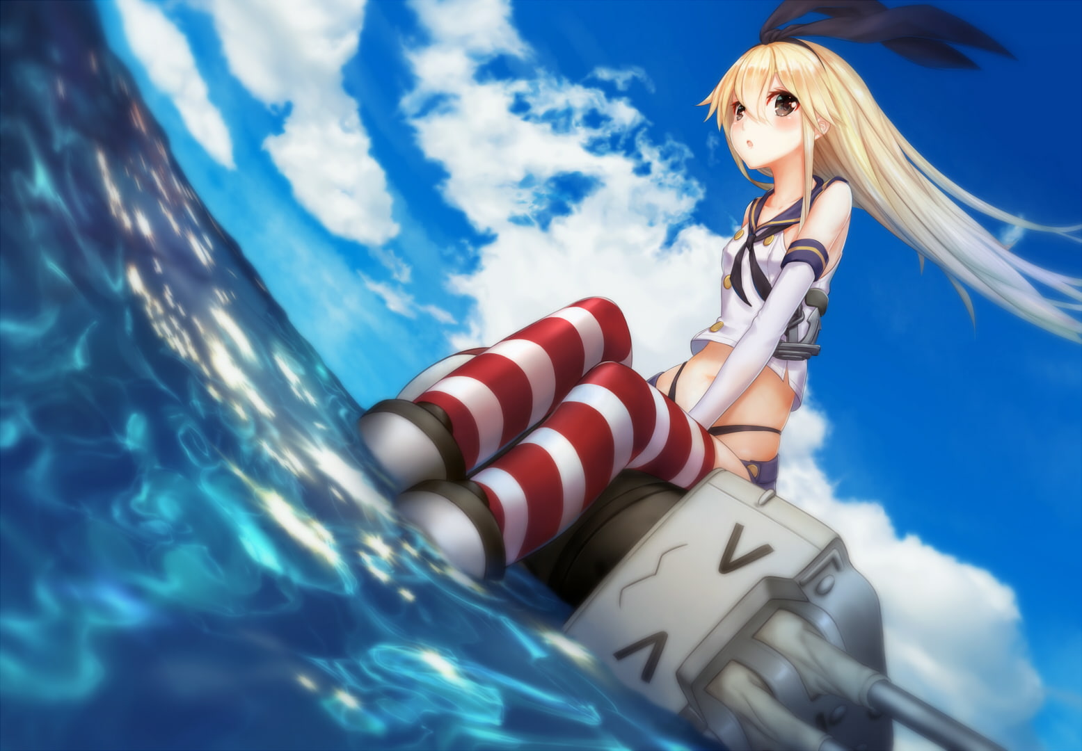 eyes, blonde, ribbons, water, kantai, elbow, collection, gloves, clouds, black, yilan, long, sky, rensouhou chan, blush, hair, kancolle, 720P, shimakaze, HD Wallpaper