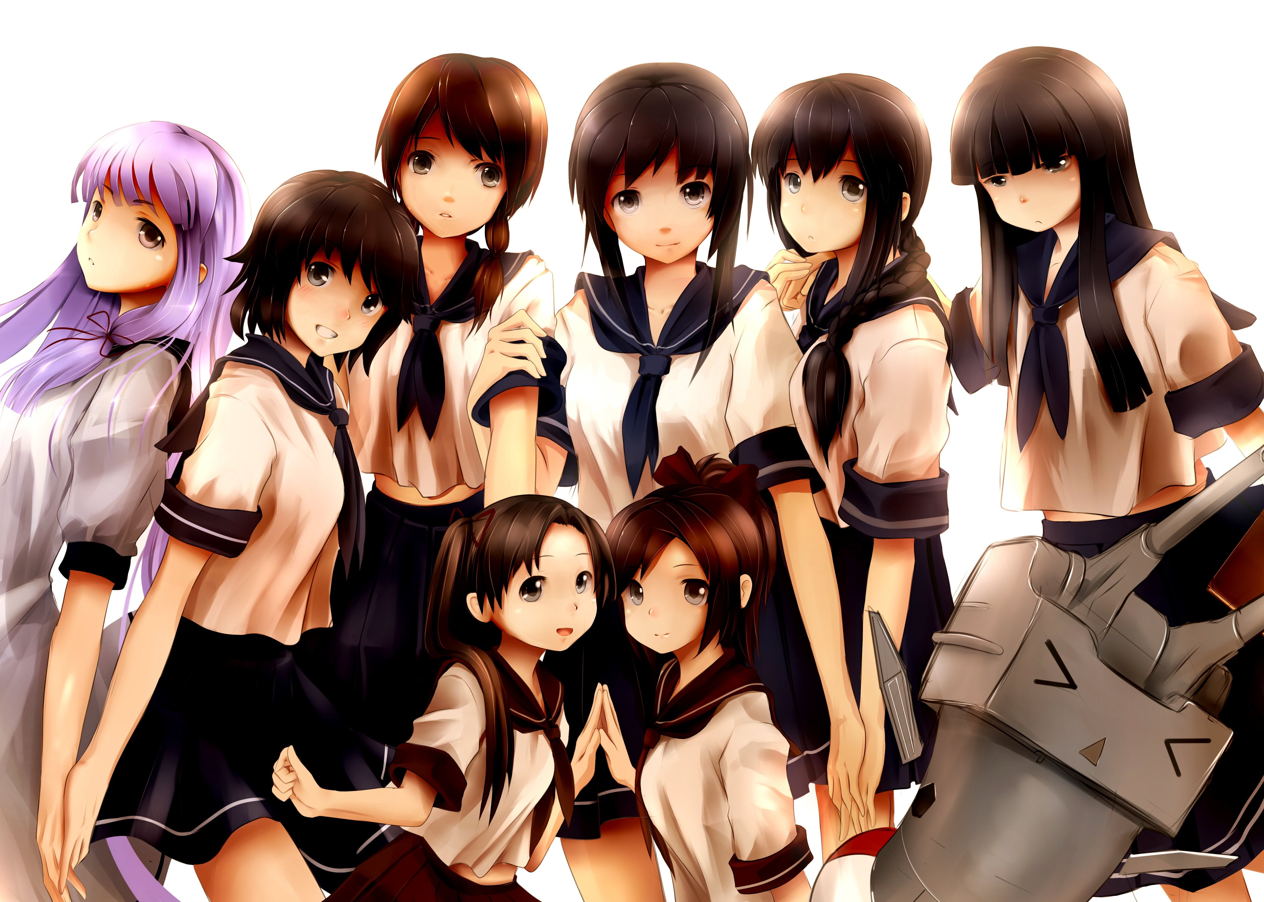 group, skirt, blush, seifuku, braids, rensouhou chan, 4K, kantai, short, eyes, ribbons, hair, brown, black, long, ponytail, collection, bow, cowinsky, HD Wallpaper