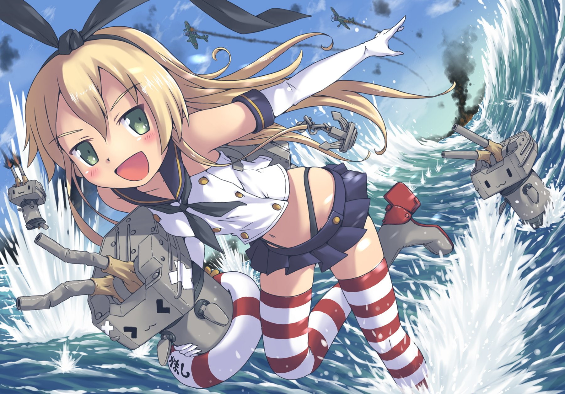 water, gloves, green, headband, kantai, rensouhou chan, hair, thighhighs, vehicle, eyes, boots, akisorapx, elbow, collection, combat, navel, blonde, skirt, HD Wallpaper