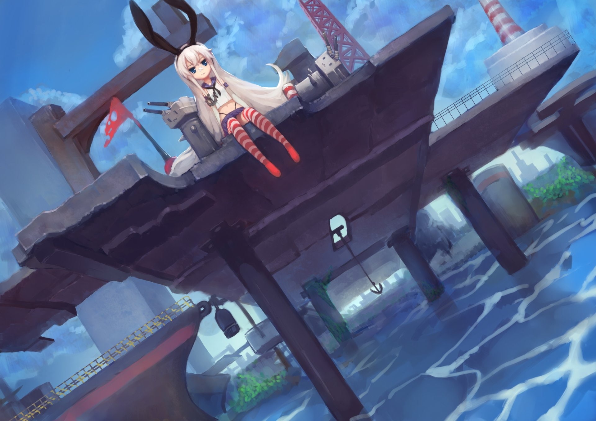 Anime, Long Hair, Rensouhou-chan, 1080P, Shimakaze (Kancolle), White Hair, Pantyhose, Blue Eyes, Animal Ears, White Dress, Kantai Collection, HD Wallpaper