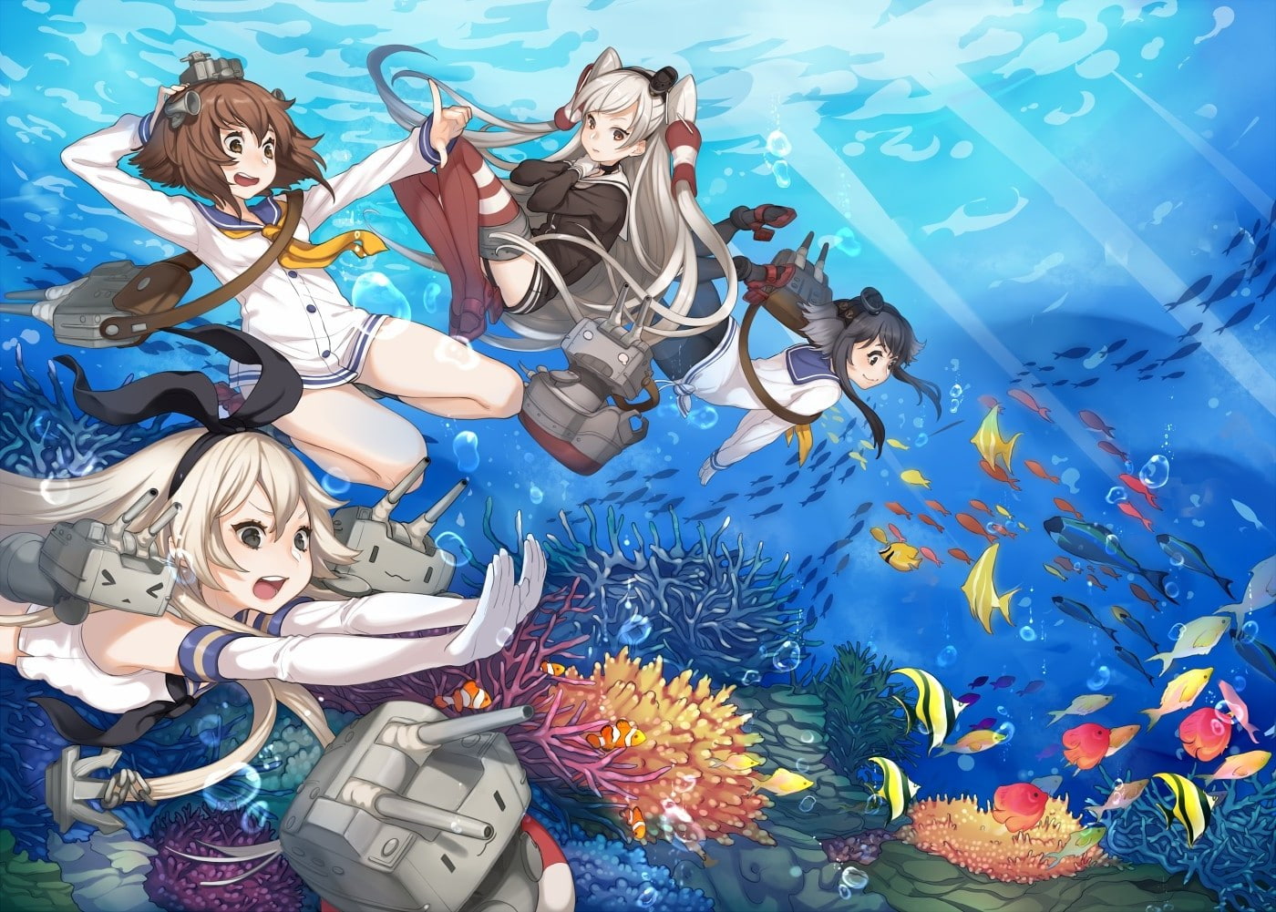 underwater, high angle view, anime kantai collection amatsukaze kancolle rensouhou chan shimakaze kancolle tokitsukaze kancolle yukikaze kancolle, marine, HD Wallpaper