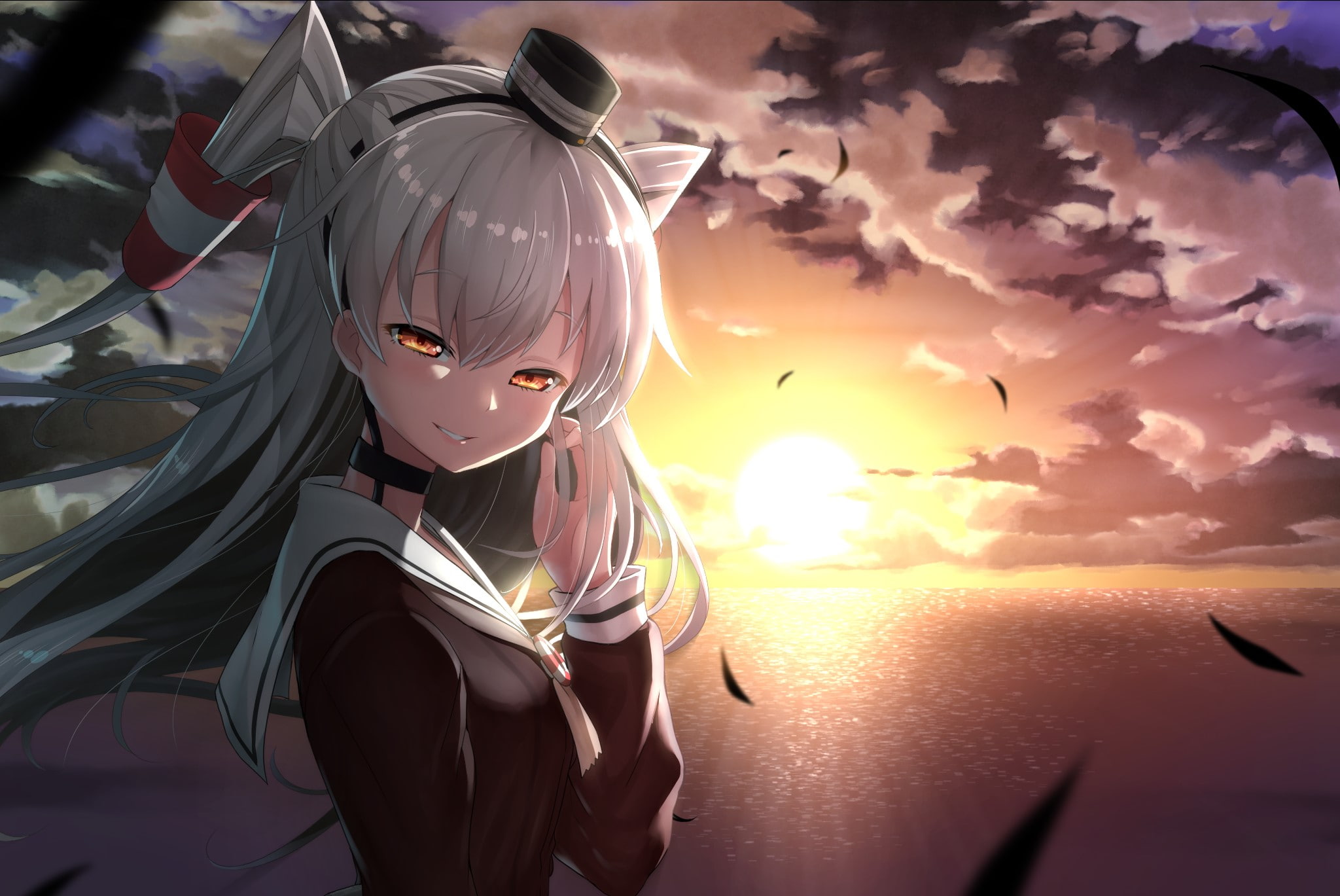 Kantai Collection, Amatsukaze (Kancolle), long hair, white hair, 1080P, sky, Sun, hair ornament, sea, HD Wallpaper
