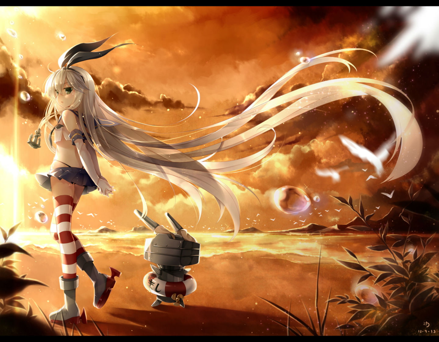 skirt, elbow, 720P, hair, ninjinshiru, sunset, long, collection, gloves, kancolle, beach, shimakaze, thighhighs, kantai, HD Wallpaper