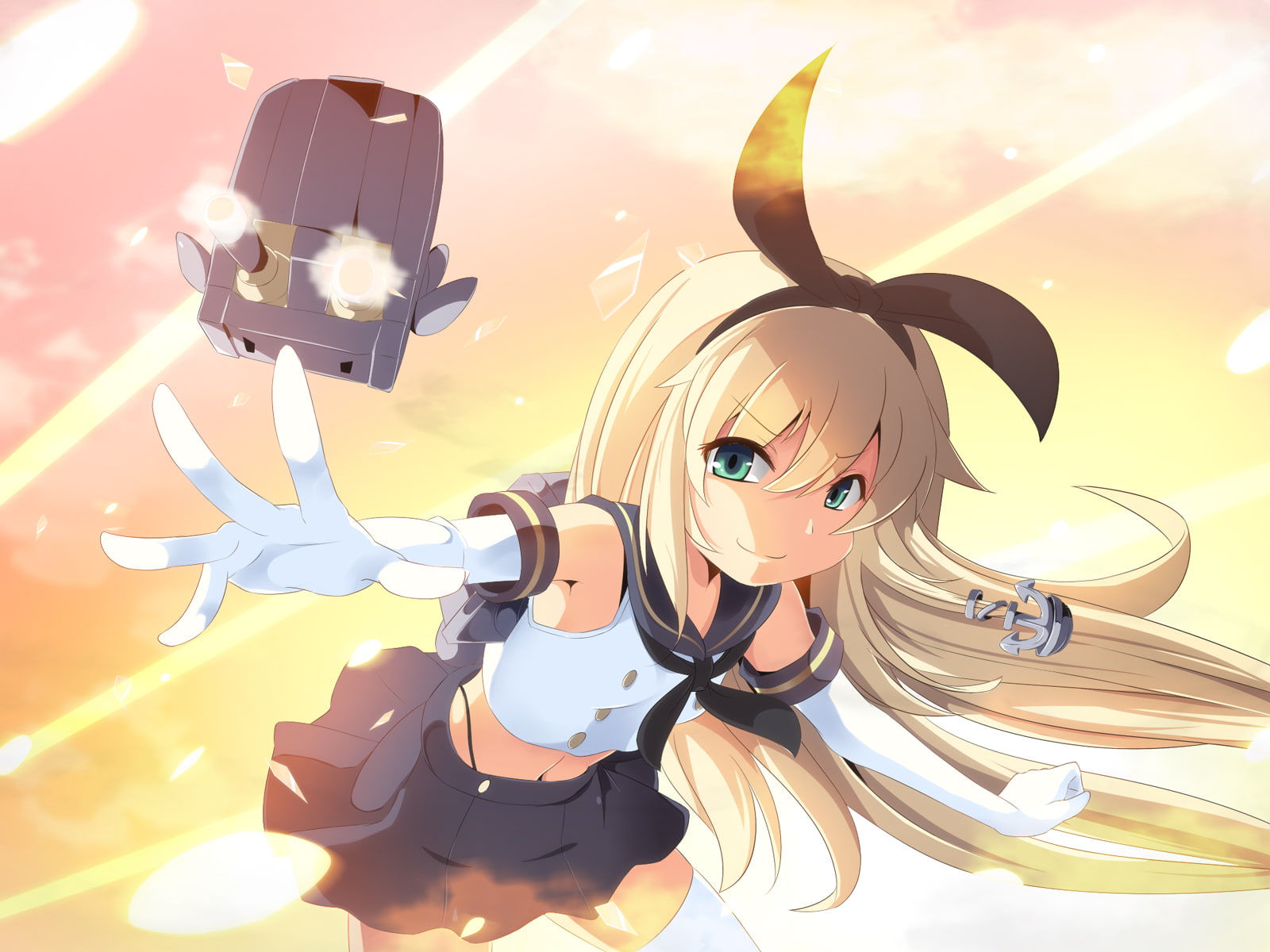 shimakaze, skirt, blonde, collection, long, headband, thighhighs, kantai, hair, kancolle, green, gloves, eyes, navel, meracle, elbow, 720P, HD Wallpaper