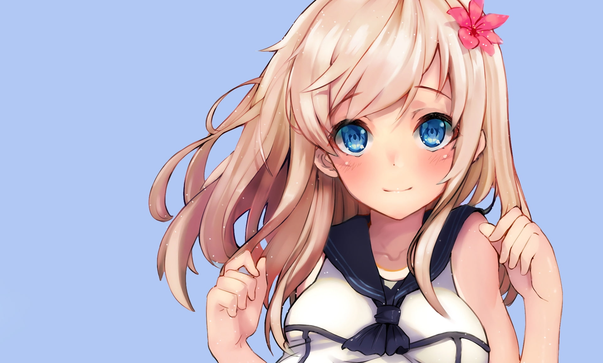 women, hair, blue background, leisure activity, hairstyle, lifestyles, blue eyes, blond hair, girls, Anime, representation, blonde, looking at camera, human representation, HD Wallpaper