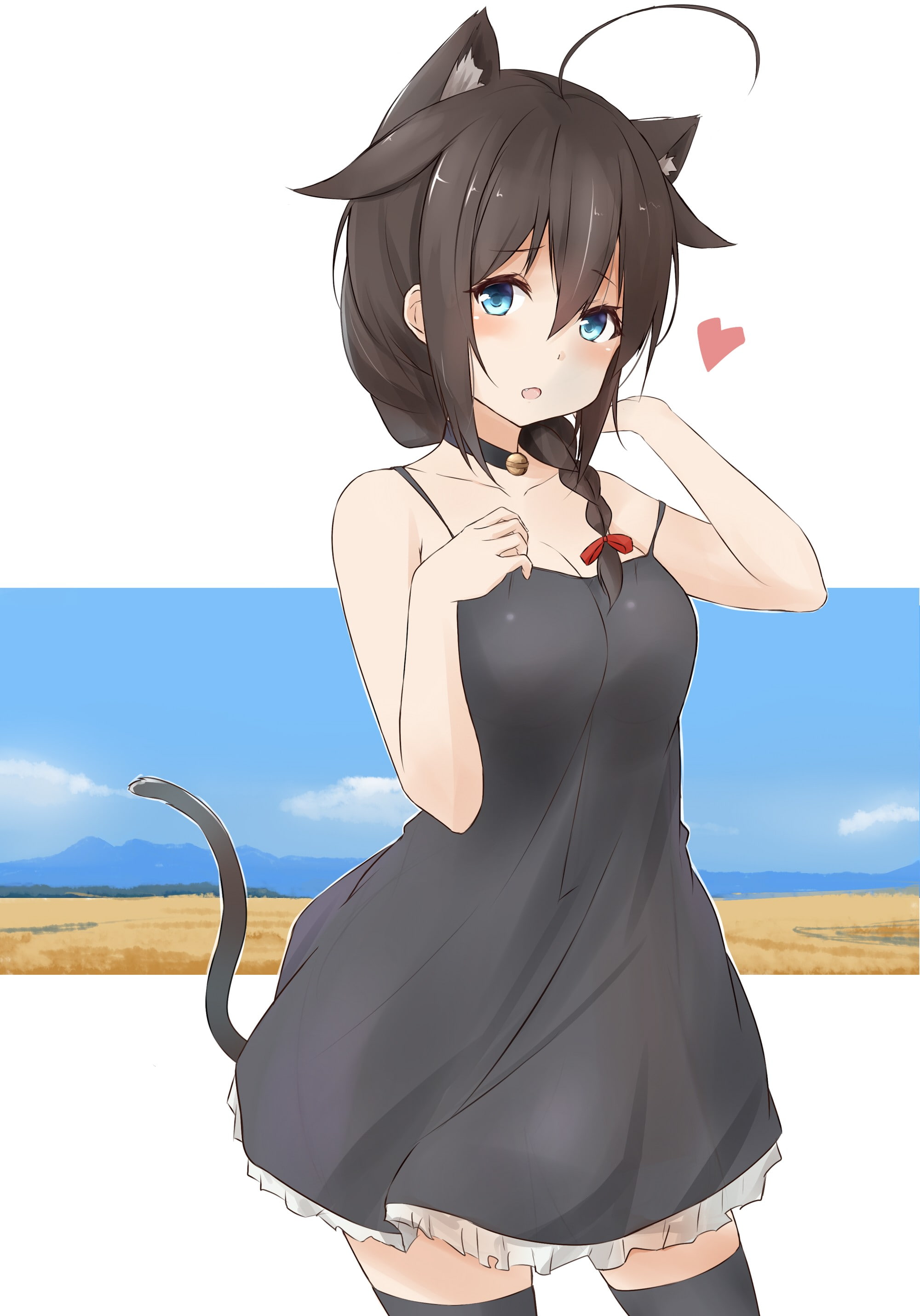 Kantai Collection, thigh-highs, Shigure (KanColle), cleavage, black dress, anime girls, nekomimi, animal ears, anime, 2K, tail, Phone HD Wallpaper