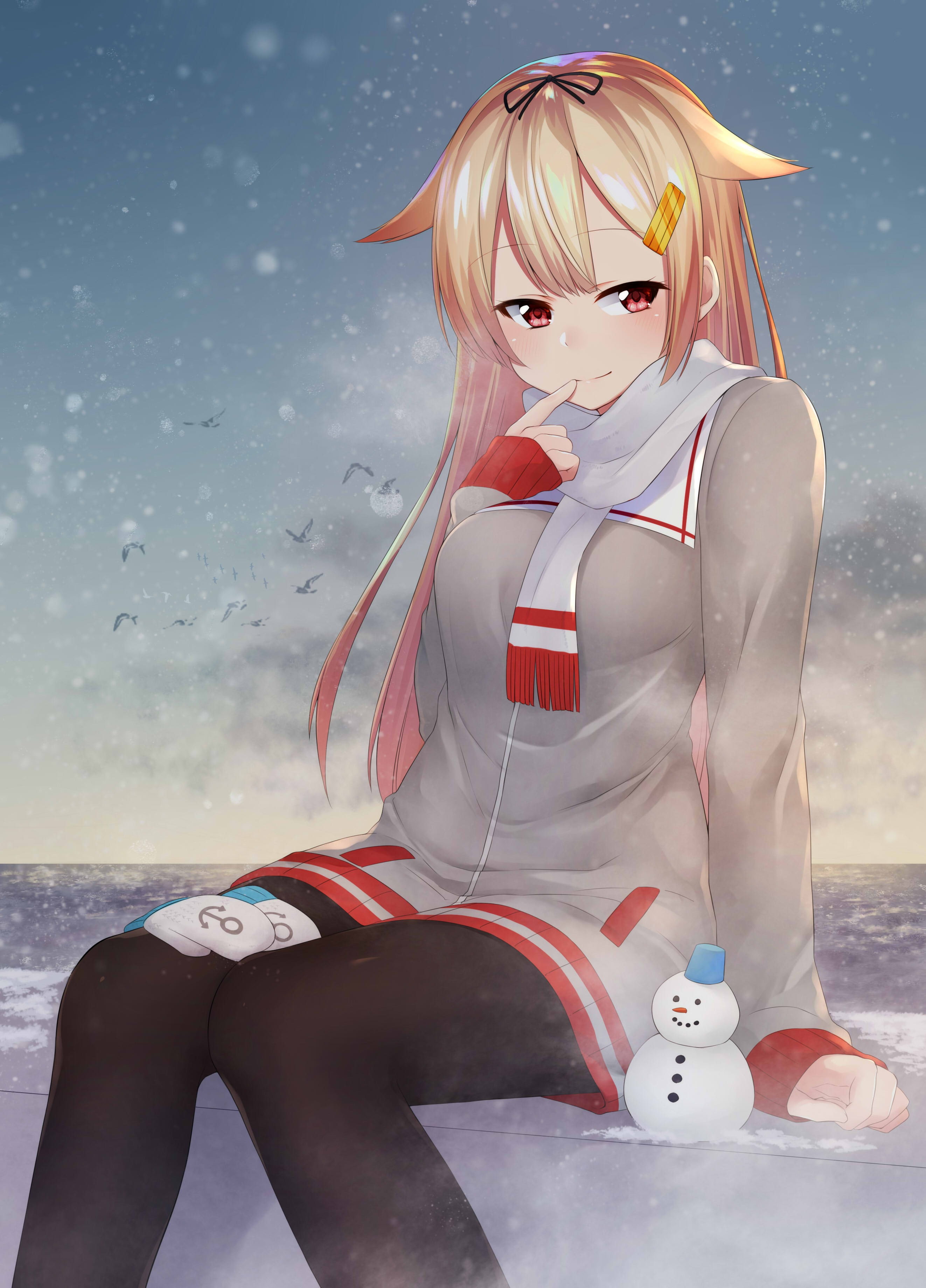 Kantai Collection, Yuudachi (KanColle), winter, red eyes, long hair, snow, anime, 2K, blonde, anime girls, Phone HD Wallpaper