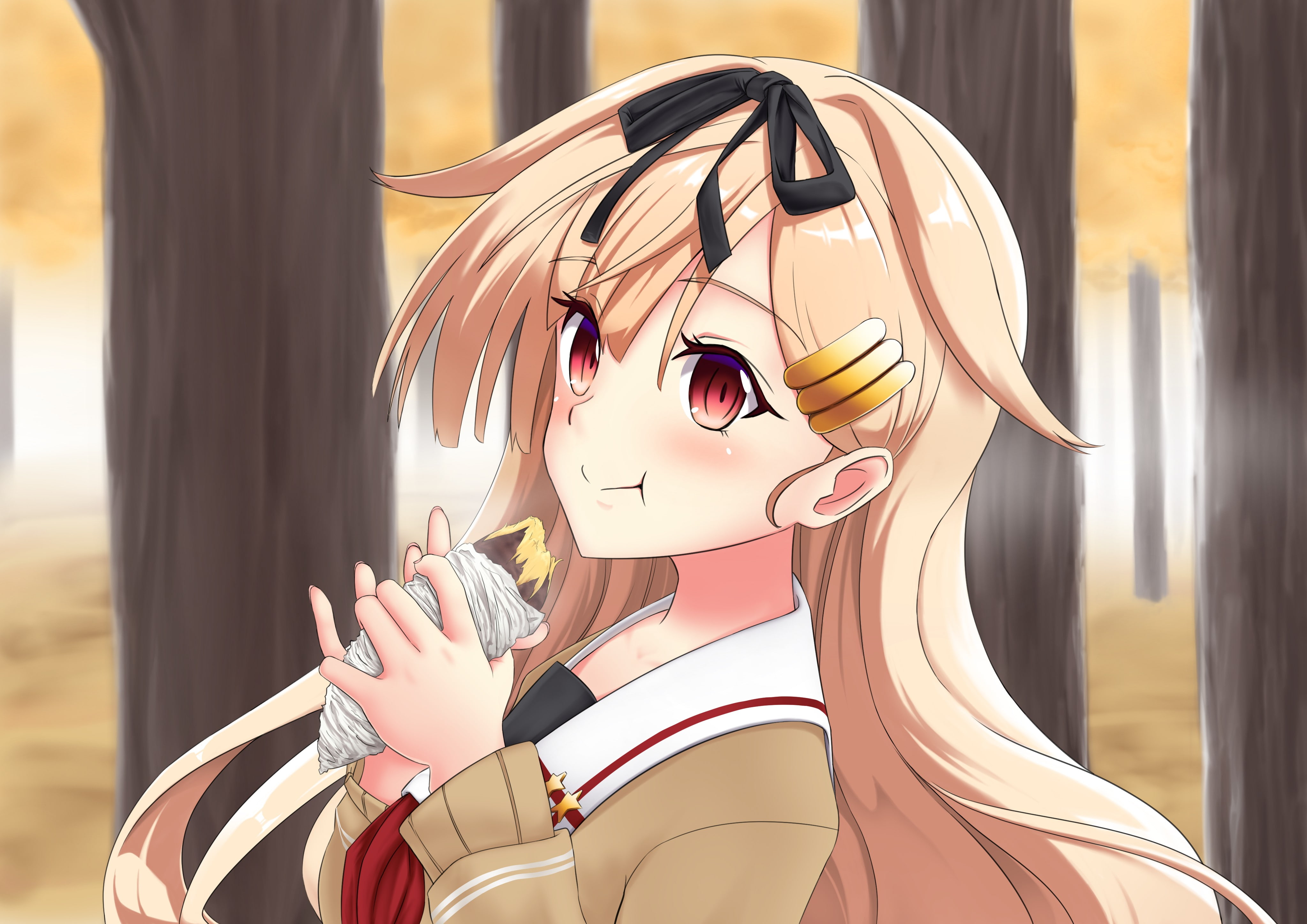 blonde, 4K, food, red eyes, long hair, Kantai Collection, anime girls, anime, Yuudachi (KanColle), HD Wallpaper