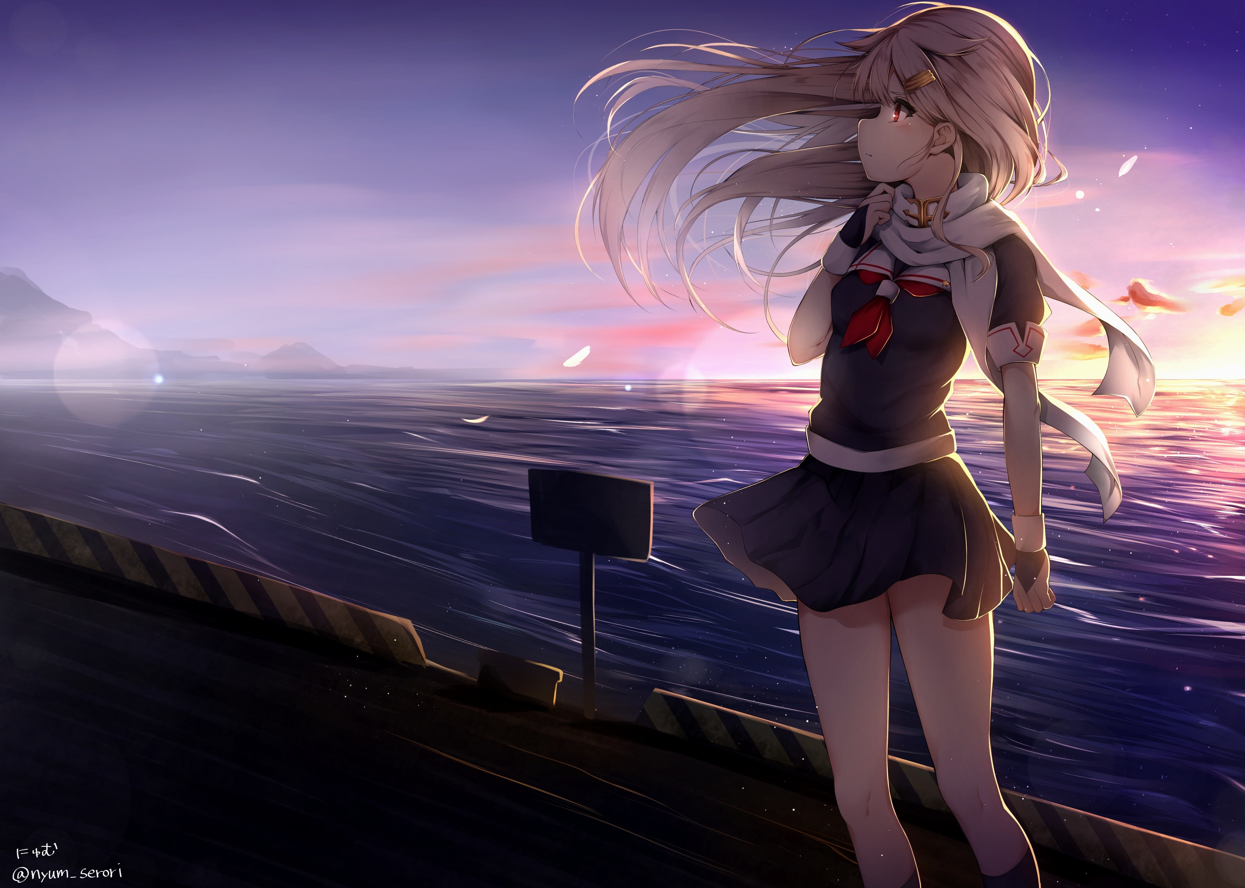 blonde, sea, real people, profile view, clothing, Anime, sunset, yuudachi, leisure activity, full length, scenics - nature, sky, one person, kantai collection, HD Wallpaper