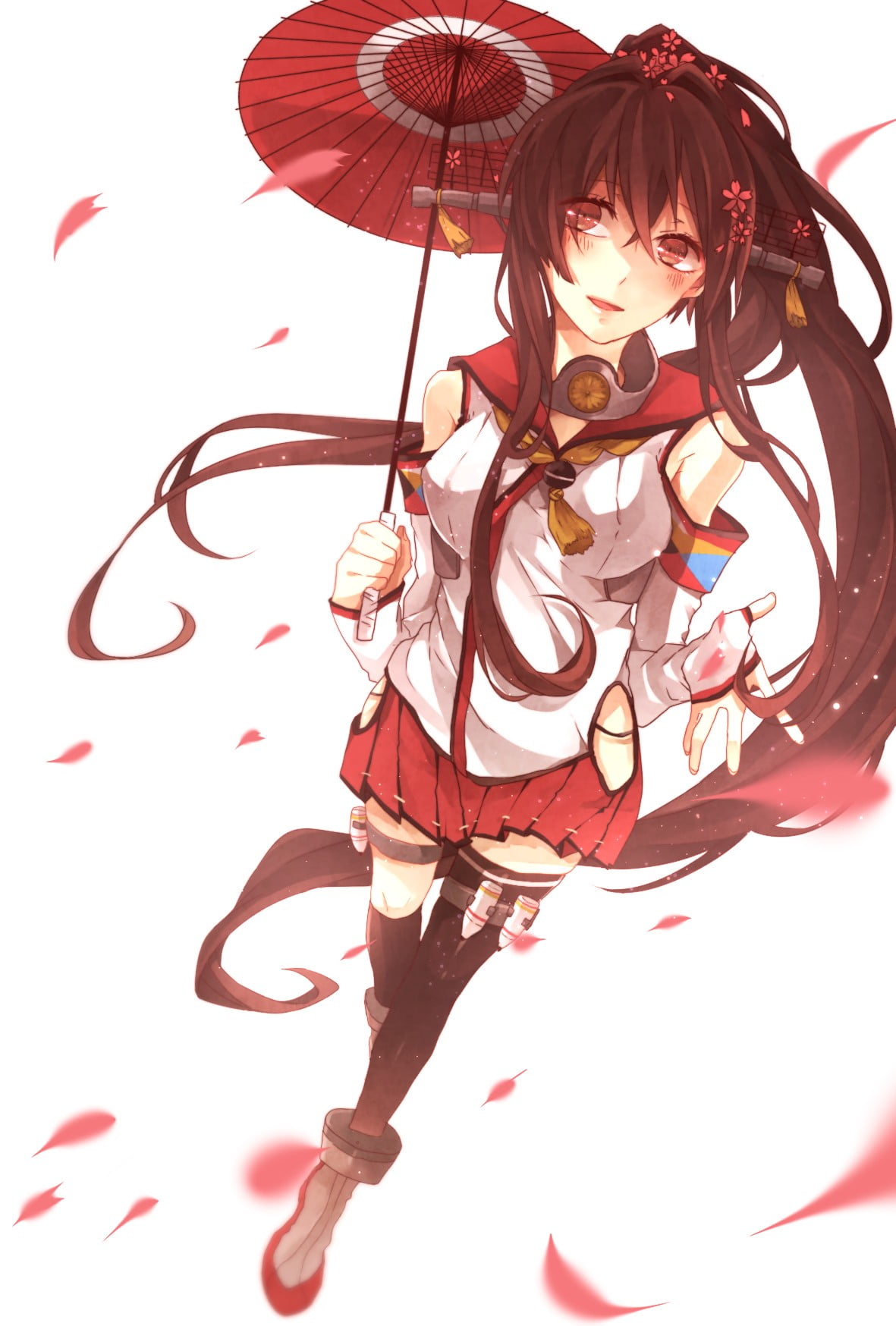 anime, white background, flower, studio shot, umbrella, fashion, hat, adult, anime girls, clothing, red, one person, Kantai Collection, petals, thigh-highs, Phone HD Wallpaper