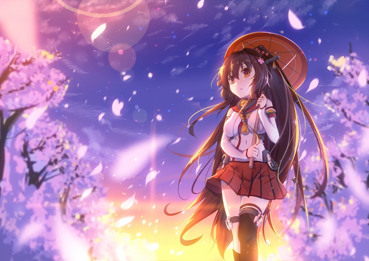 anime, one person, fun, music, hairstyle, anime girls, 720P, clouds, emotion, beauty, happiness, sky, adult, Kantai Collection, petals, beautiful woman, HD Wallpaper