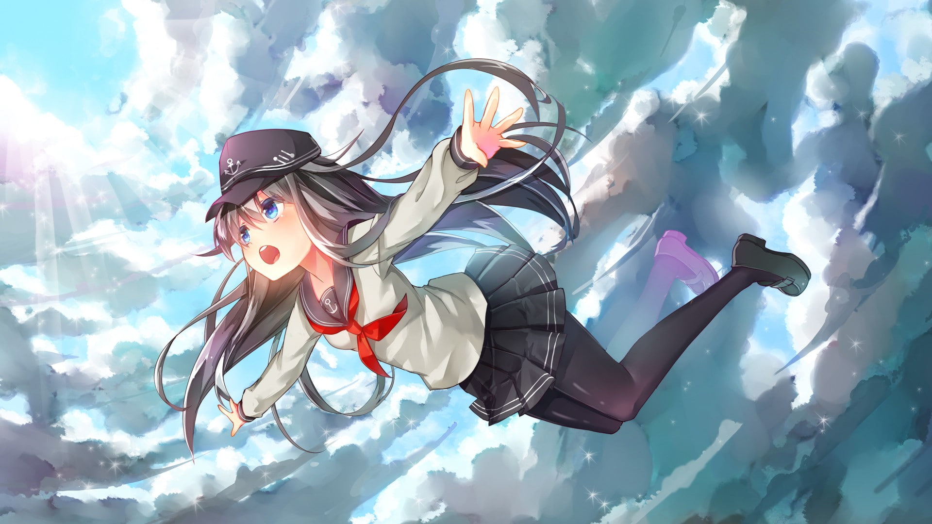 unrecognizable person, blue, cloud - sky, leisure activity, holding, arts culture and entertainment, sunlight, women, Akatsuki (KanColle), enjoyment, outdoors, HD Wallpaper