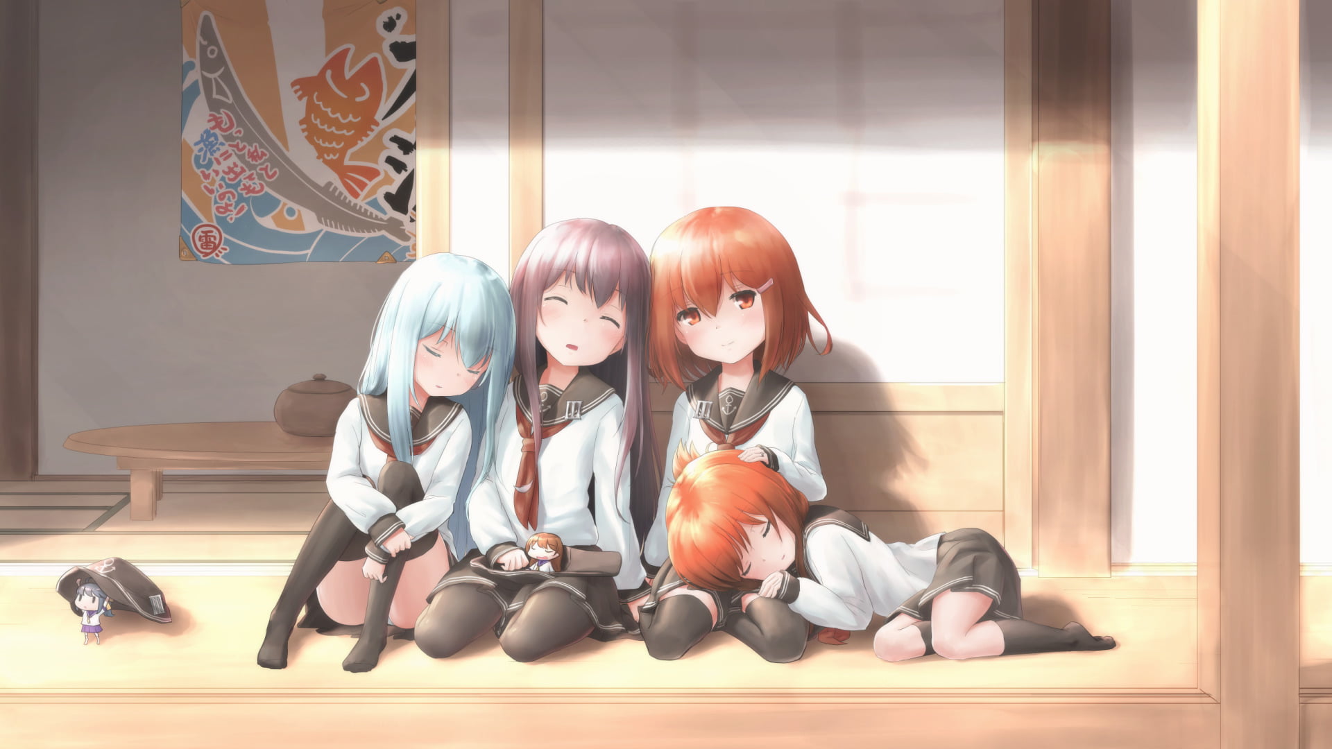 1080P, girls, sister, young women, sitting, bangs, young adult, lifestyles, childhood, Ikazuchi (Kancolle), females, Inazuma (Kancolle), Akatsuki (KanColle), HD Wallpaper