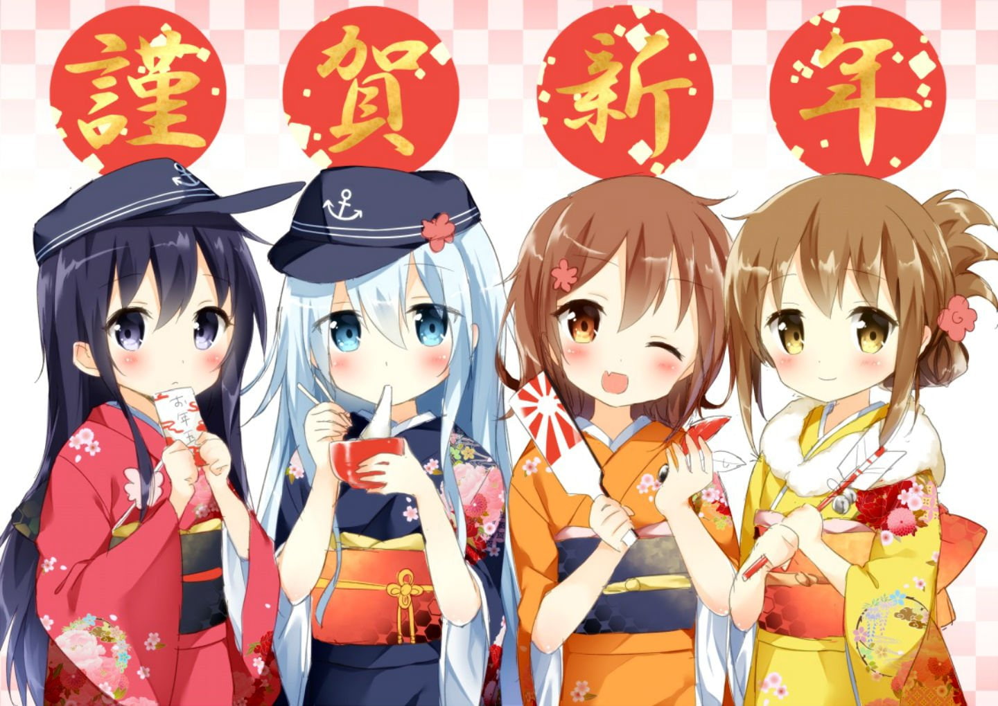 japanese, collection, hat, ikazuchi, (shima, je), shima, 720P, wink, kantai, food, hibiki, fang, clothes, inazuma, blush, (kancolle), kimono, HD Wallpaper