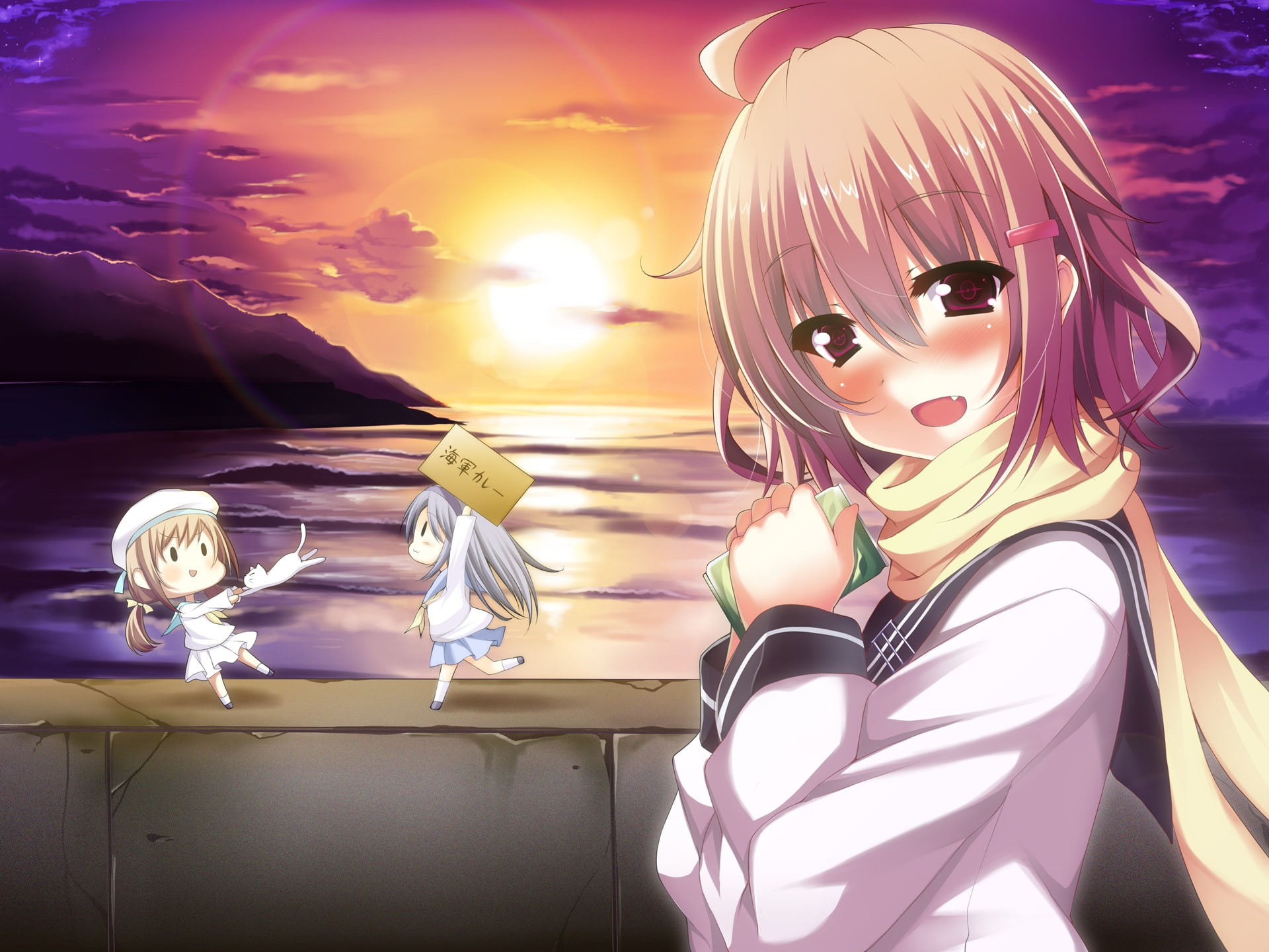 blush, torisukerabasu, error, seifuku, scarf, kantai, 1080P, chibi, cat, sunset, fang, musume, collection, animal, ikazuchi, kancolle, HD Wallpaper