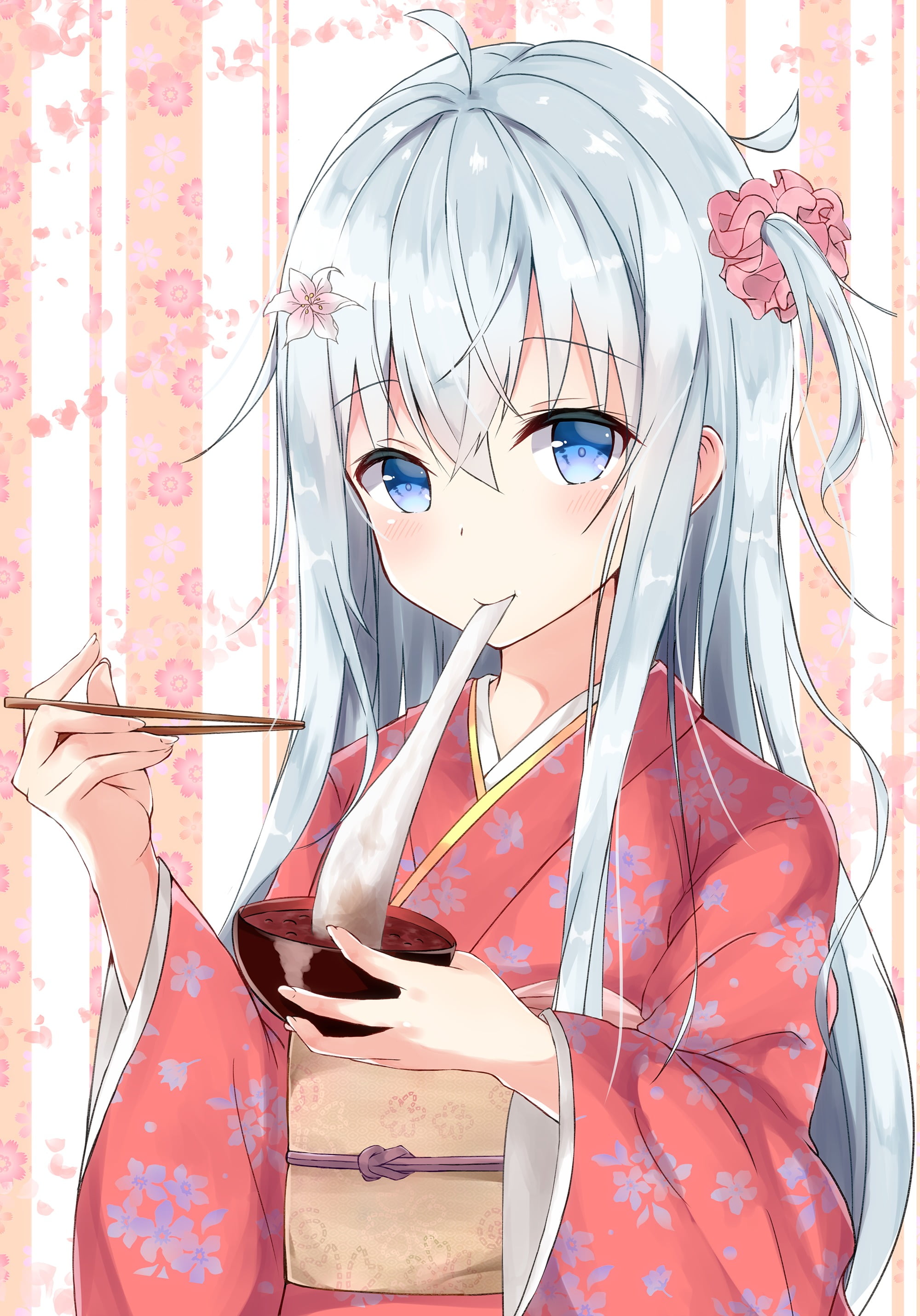 beauty, art and craft, gray, fashion, character, Kantai Collection, close-up, white hair, food, Hibiki(Kancolle), women, kimono, outdoors, female, wall - building feature, Phone HD Wallpaper